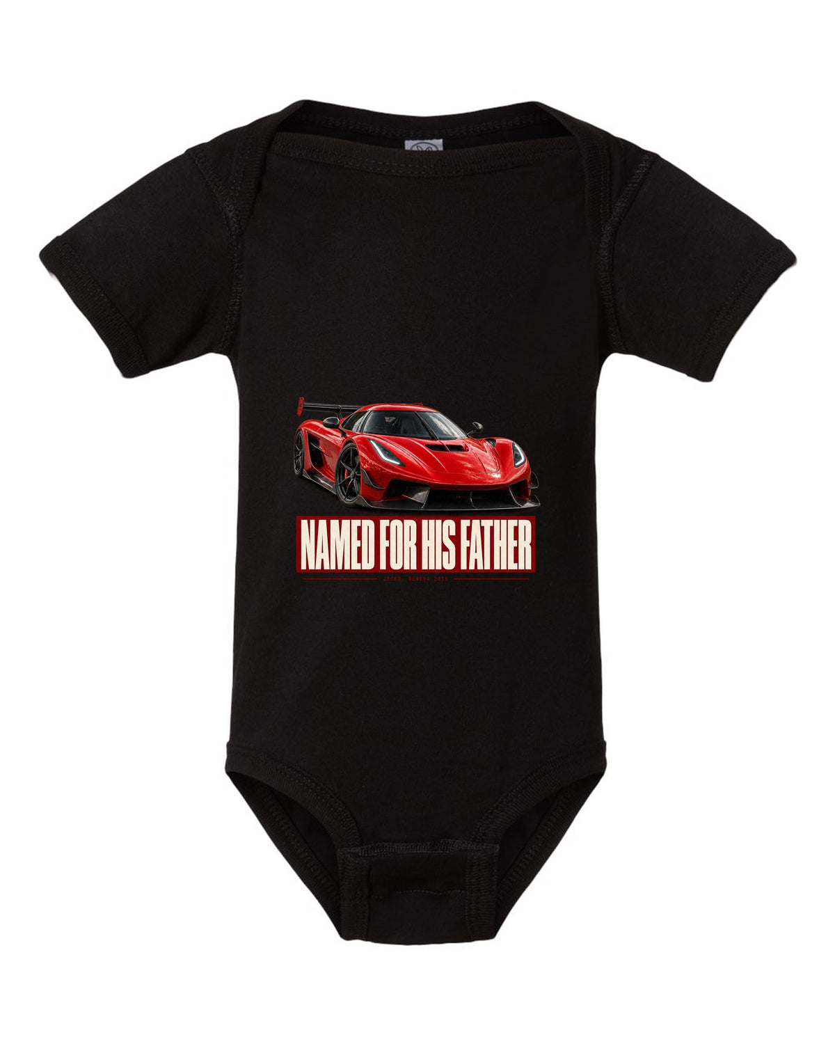 Editorial headline poster of a Koenigsegg Jesko Attack front three-quarter, print black baby onesie front view with the design