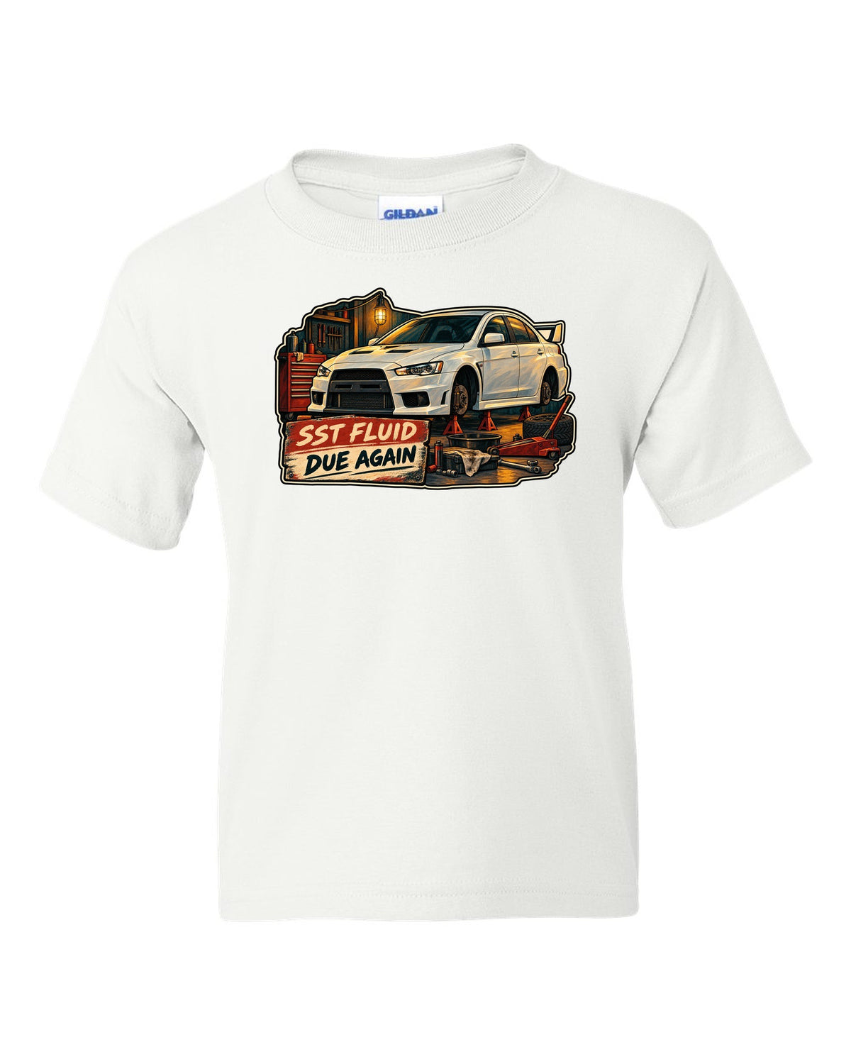 Gouache garage illustration print of the Mitsubishi Evo X CZ4A with SST fluid due again text white kids tee front view with the design