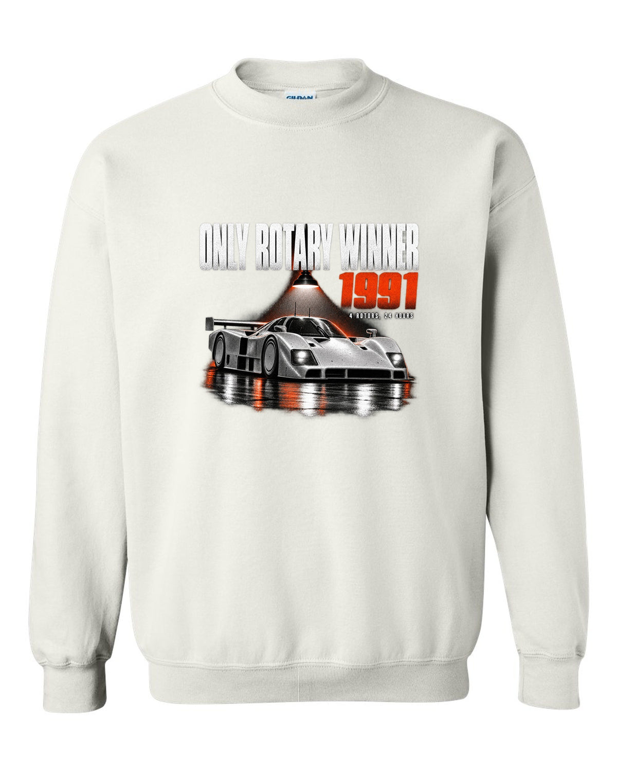 Mazda 787B in a dark garage with only rotary winner 1991 lettering white crewneck front view with the design