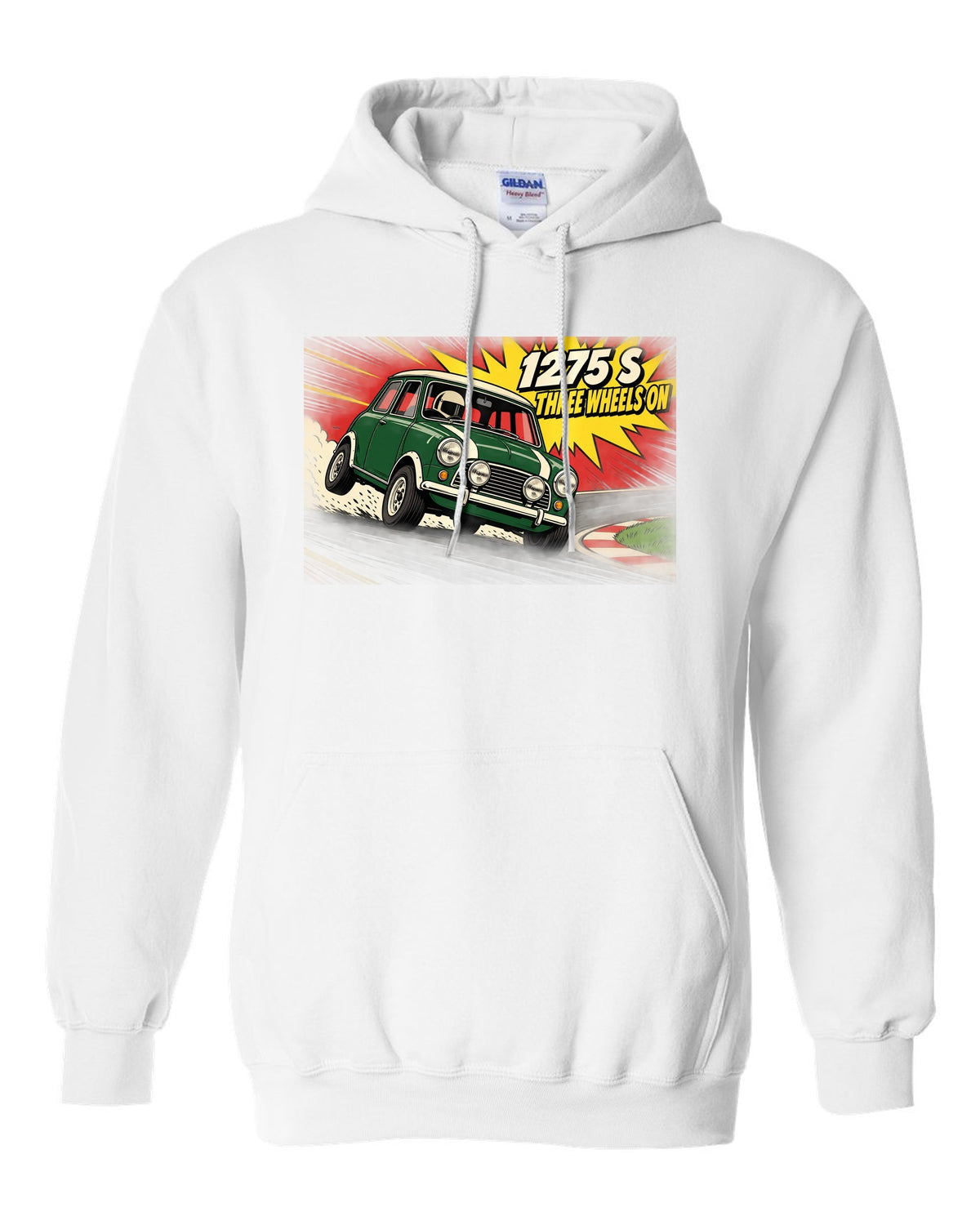 Pop-art flat colour print of a Classic Mini Cooper S 1275 S on three wheels with speed lines white pull over hoodie front view with the design