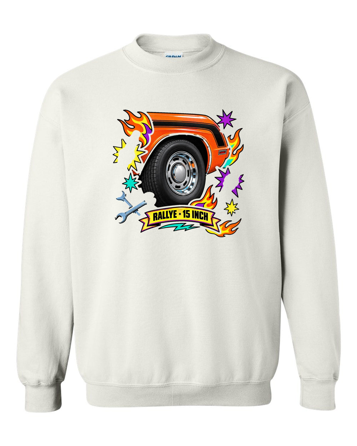 Sticker-bomb collage print of a 1970 Dodge Challenger R/T with Rallye wheel text white crewneck front view with the design