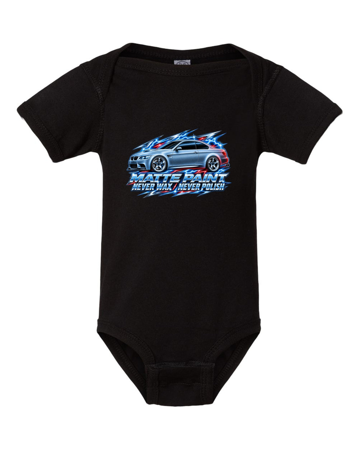 80s chrome airbrush print of a BMW E92 M3 coupe with matte paint never wax never polish text black baby onesie front view with the design