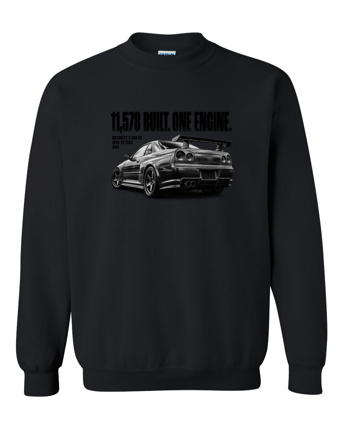 Halftone rear three-quarter view of a Nissan Skyline GT-R R34 with 11,578 built lettering black crewneck front view with the design
