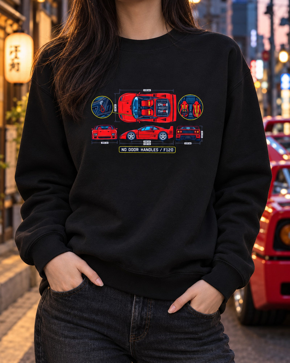 Ferrari F40 Cabin Blueprint Tee, No Door Handles Car Shirt Crewneck Black worn hero