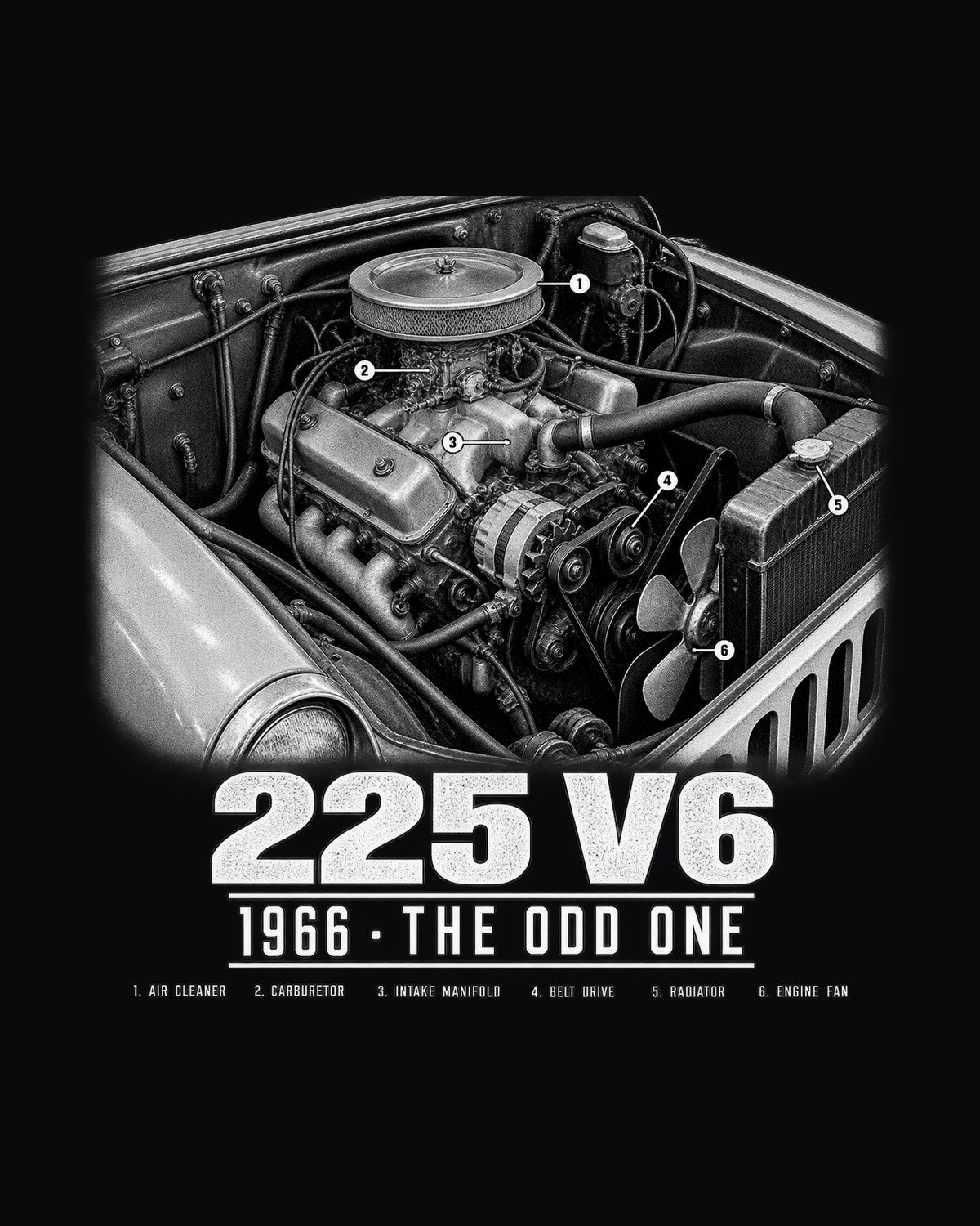 Jeep CJ-5 225 V6 Engine Tee, 1966-1971 V6 Option design only