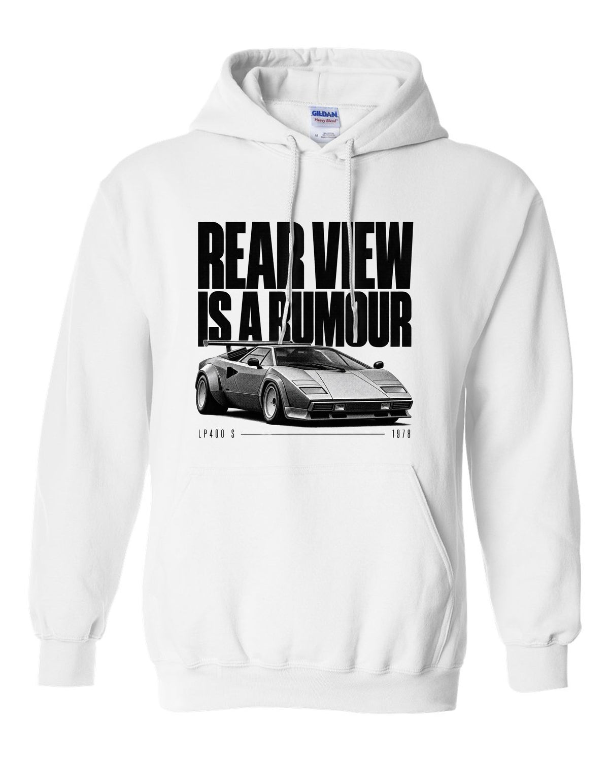 Halftone print of a Lamborghini Countach LP400 S with rear wing and rear view is a rumour text white pull over hoodie front view with the design