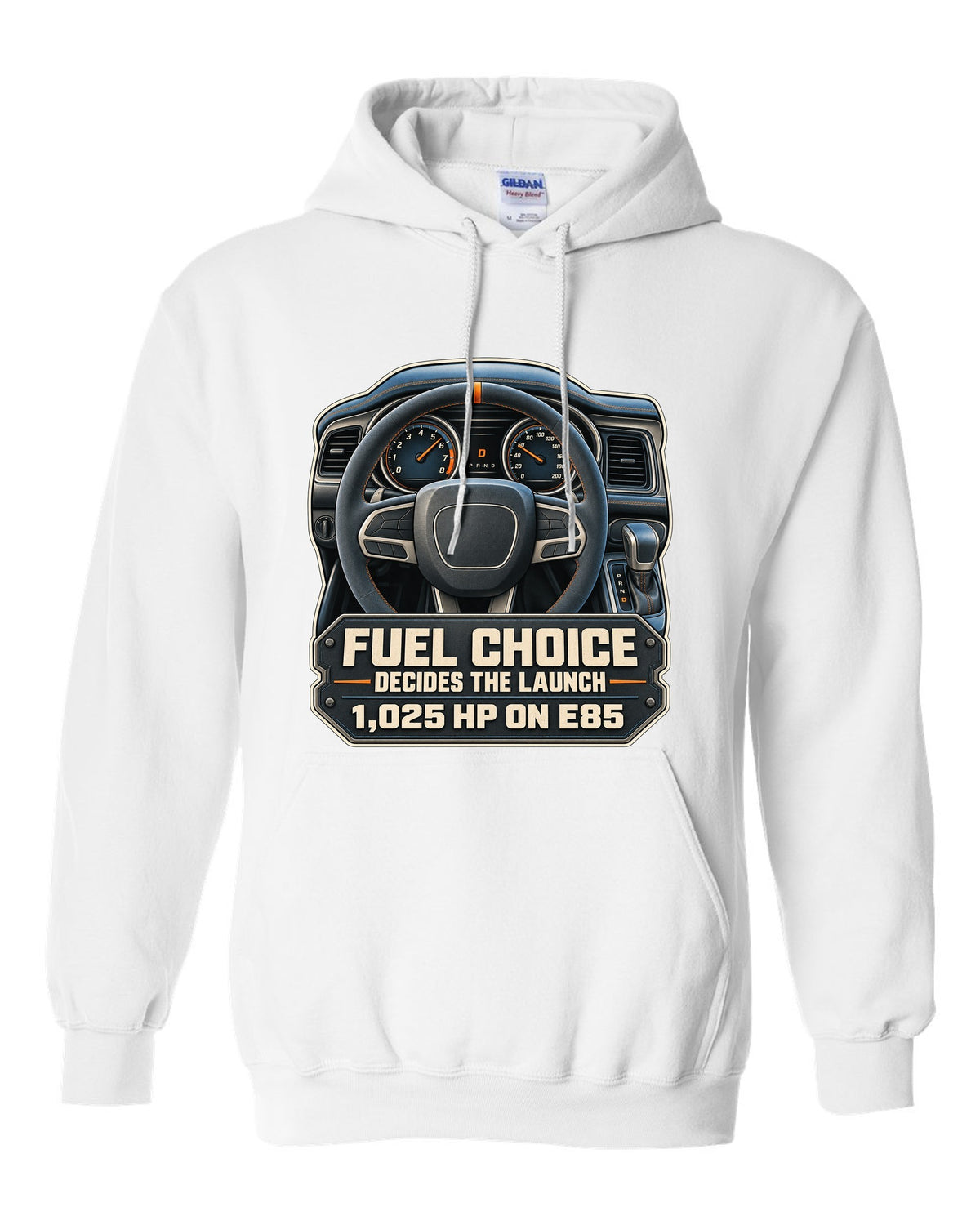 Dodge Challenger SRT Demon 170 cockpit gauge print with E85 1,025 HP text white pull over hoodie front view with the design