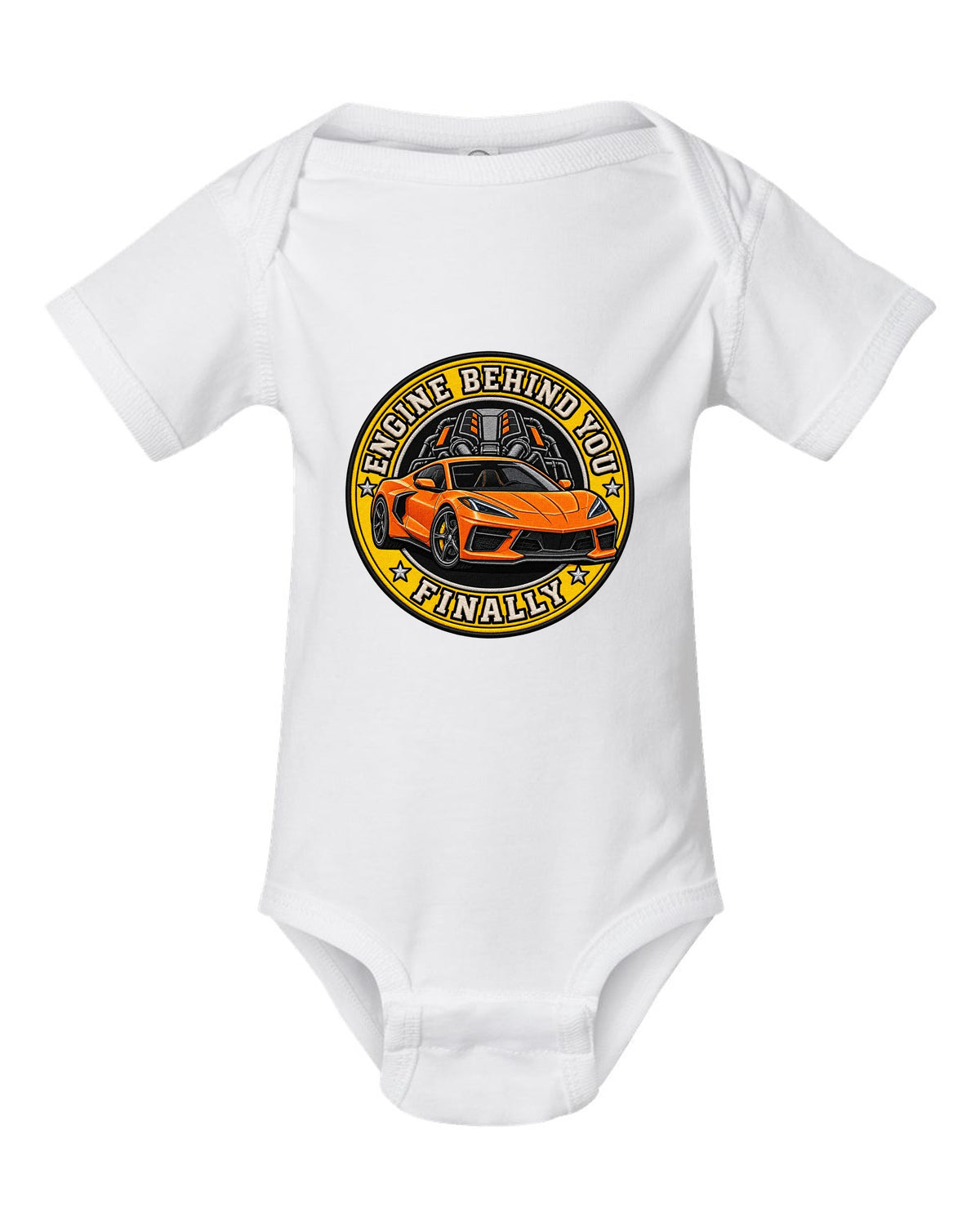 Varsity shield crest print of a 2020 Chevrolet Corvette C8 Stingray with engine behind you finally lettering white baby onesie front view with the design