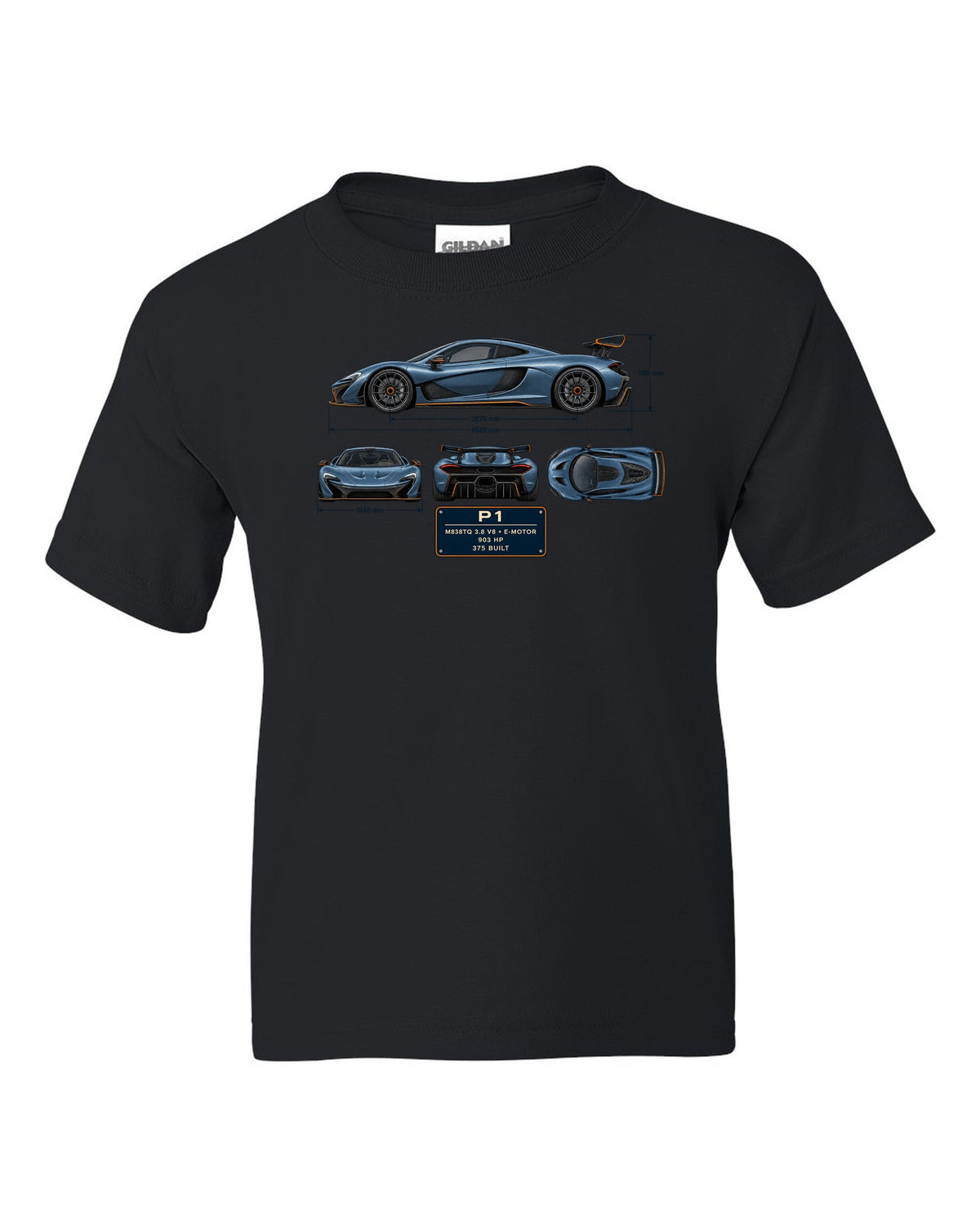 Steel blue dimension blueprint print of a McLaren P1, M838TQ V8 plus e-motor black kids tee front view with the design