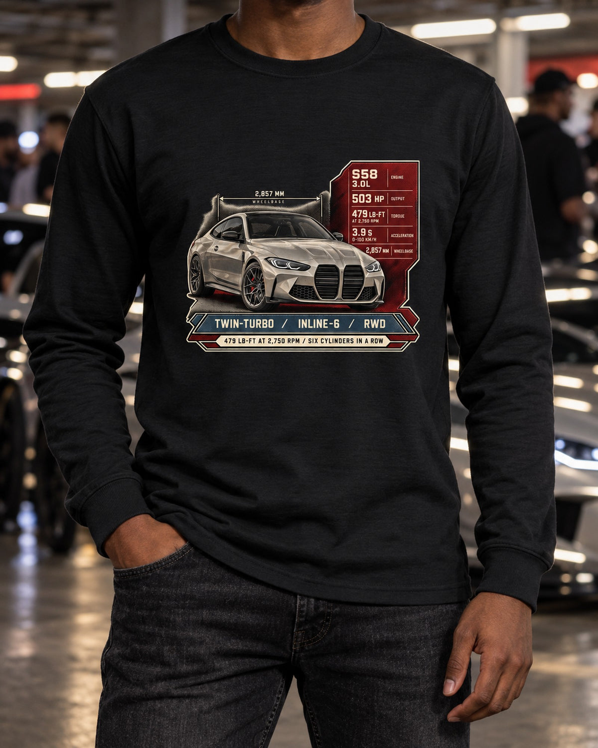 BMW M4 Competition G82 Spec Poster Shirt, Inline-Six Torque Tee Long Sleeve Black worn hero
