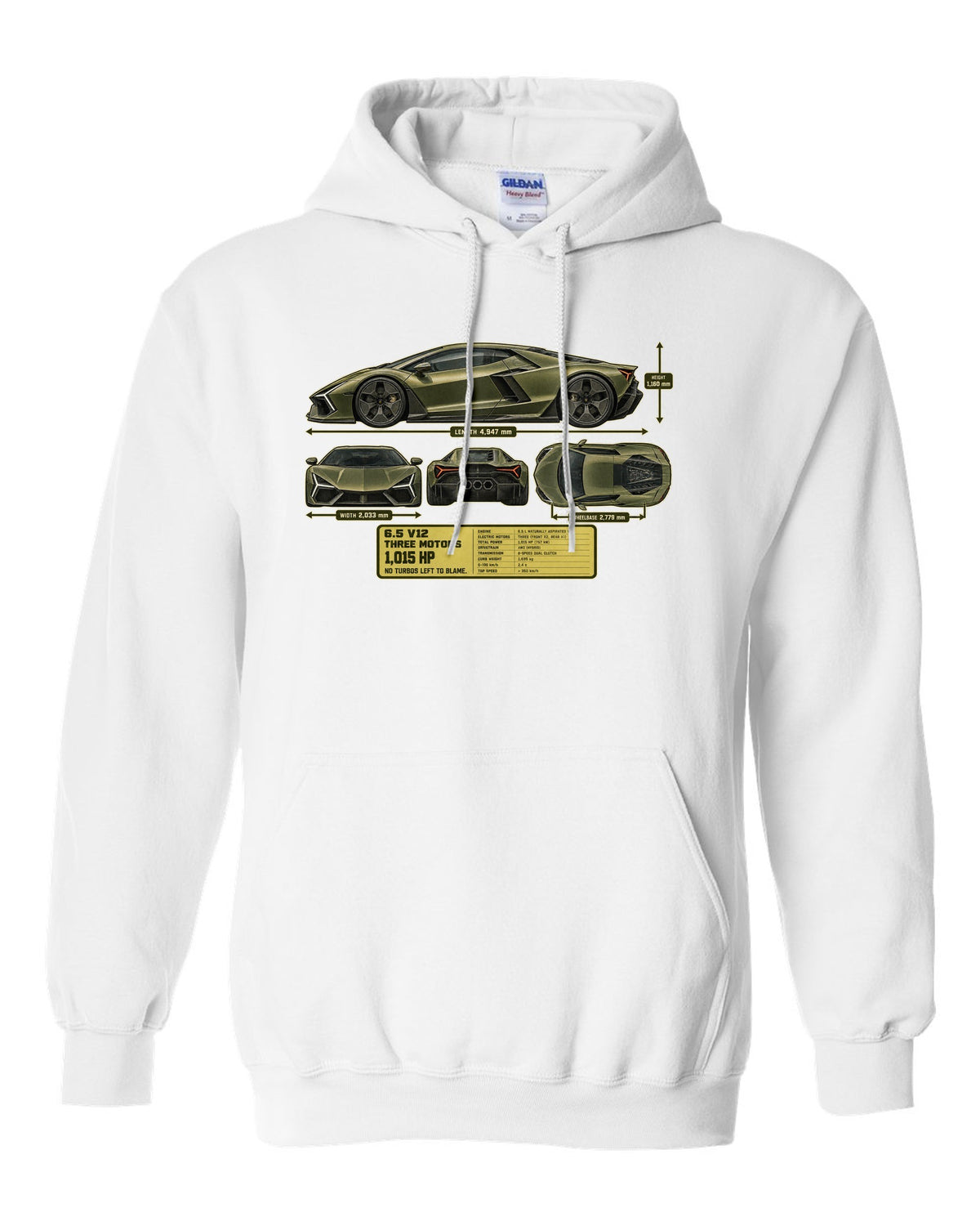 print dimension blueprint of a Lamborghini Revuelto in olive-grey white pull over hoodie front view with the design