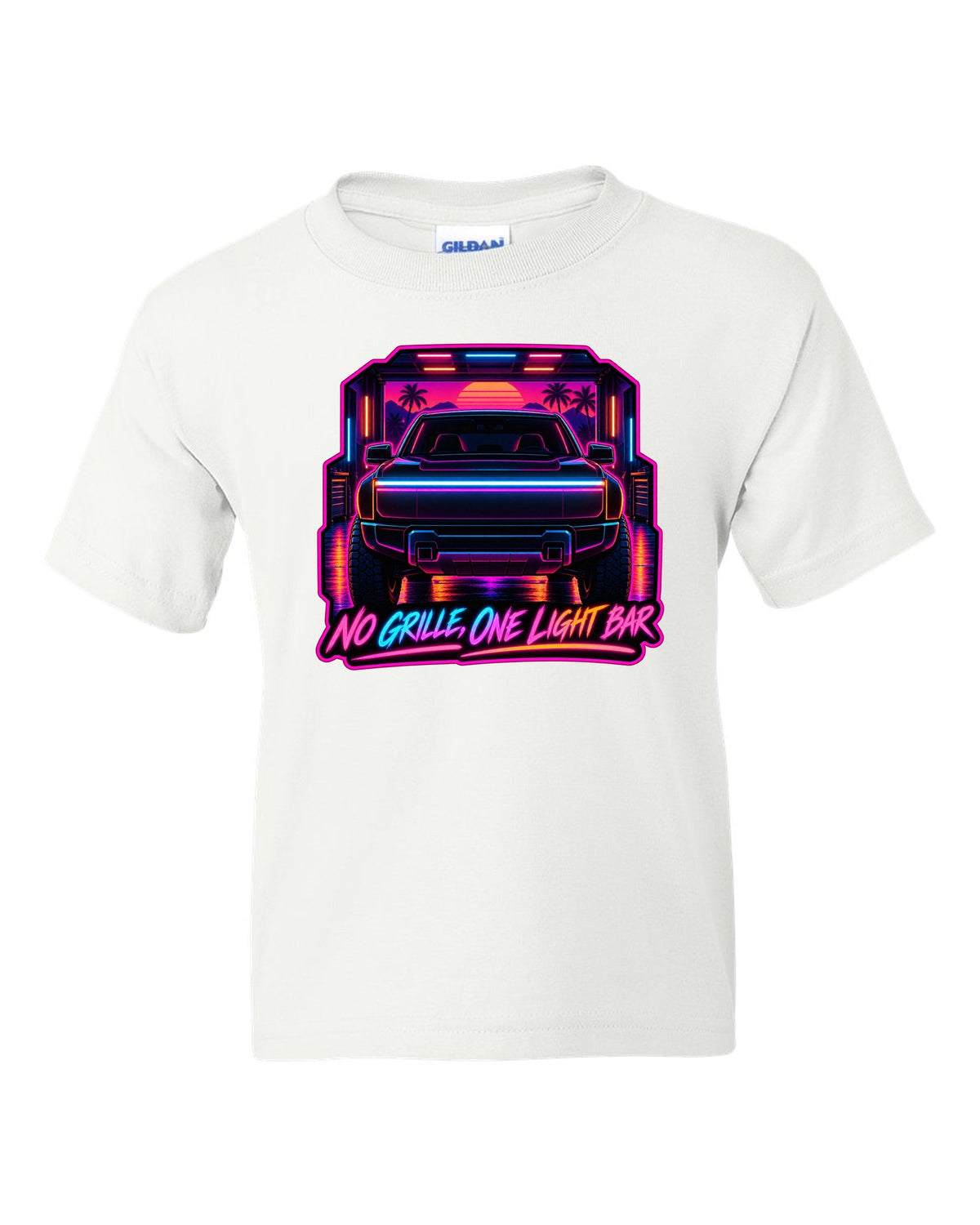 Ford F-150 Lightning neon synthwave glow print with no grille and one light bar text white kids tee front view with the design