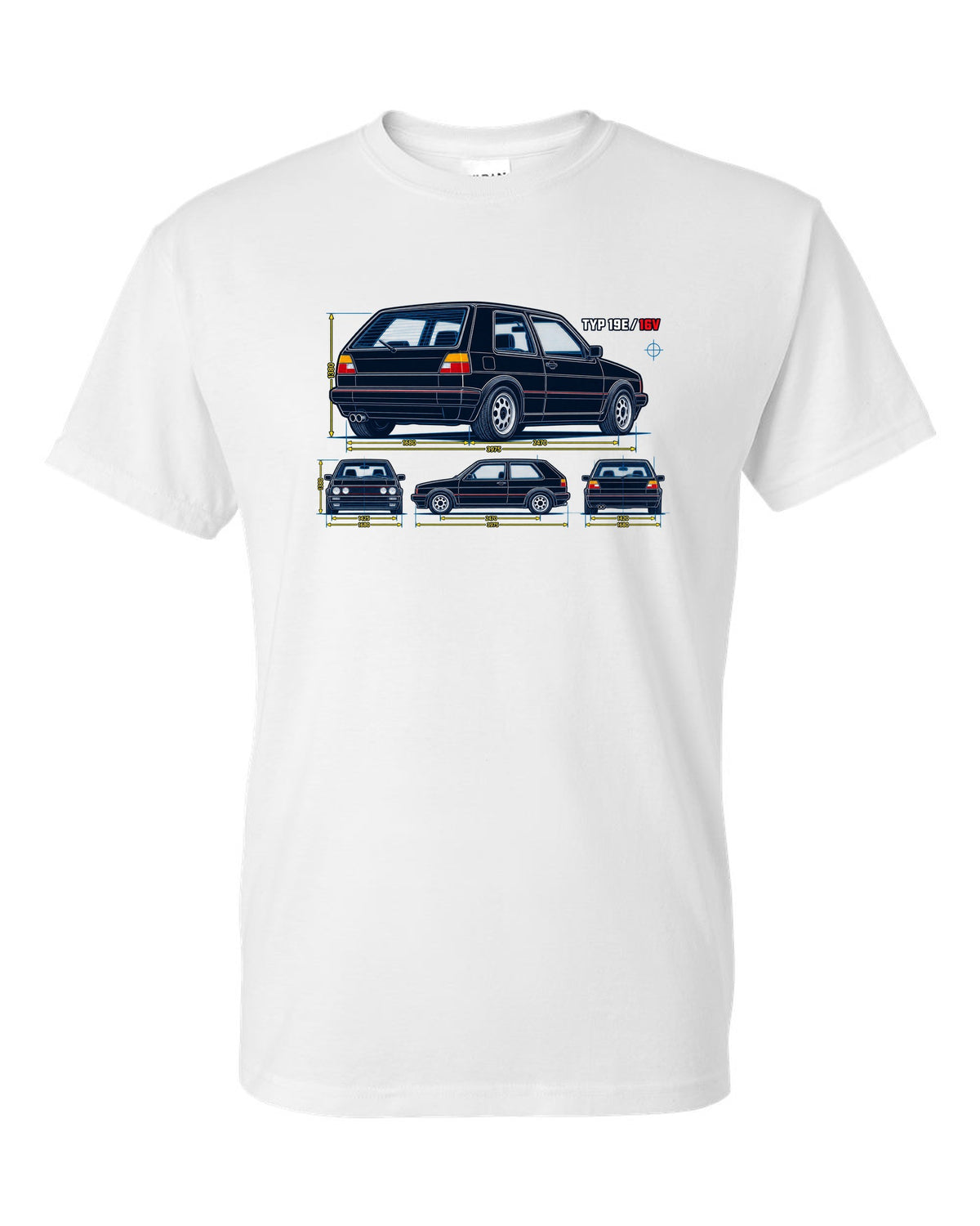 Blueprint line art print of a VW Golf Mk2 GTI 16V with Typ 19E text white t-shirt front view with the design