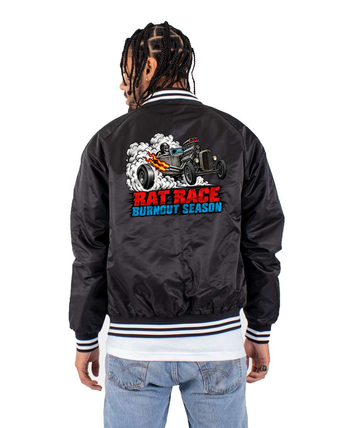 Rat Rod Roadster Burnout Season Halftone Shirt, Car Guy Tee Bomber Jacket Black back