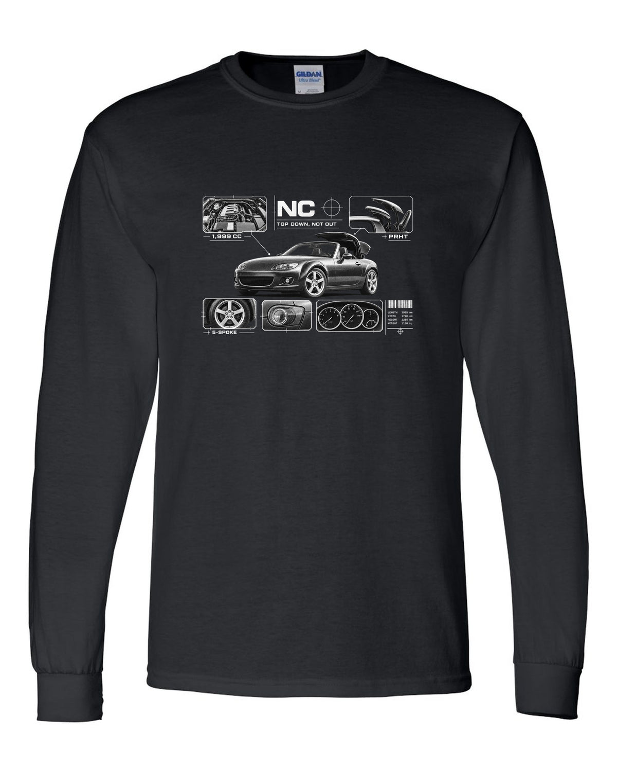 Dossier panel print of a Mazda MX-5 NC PRHT with roof and 1,999 cc lettering black long sleeve front view with the design