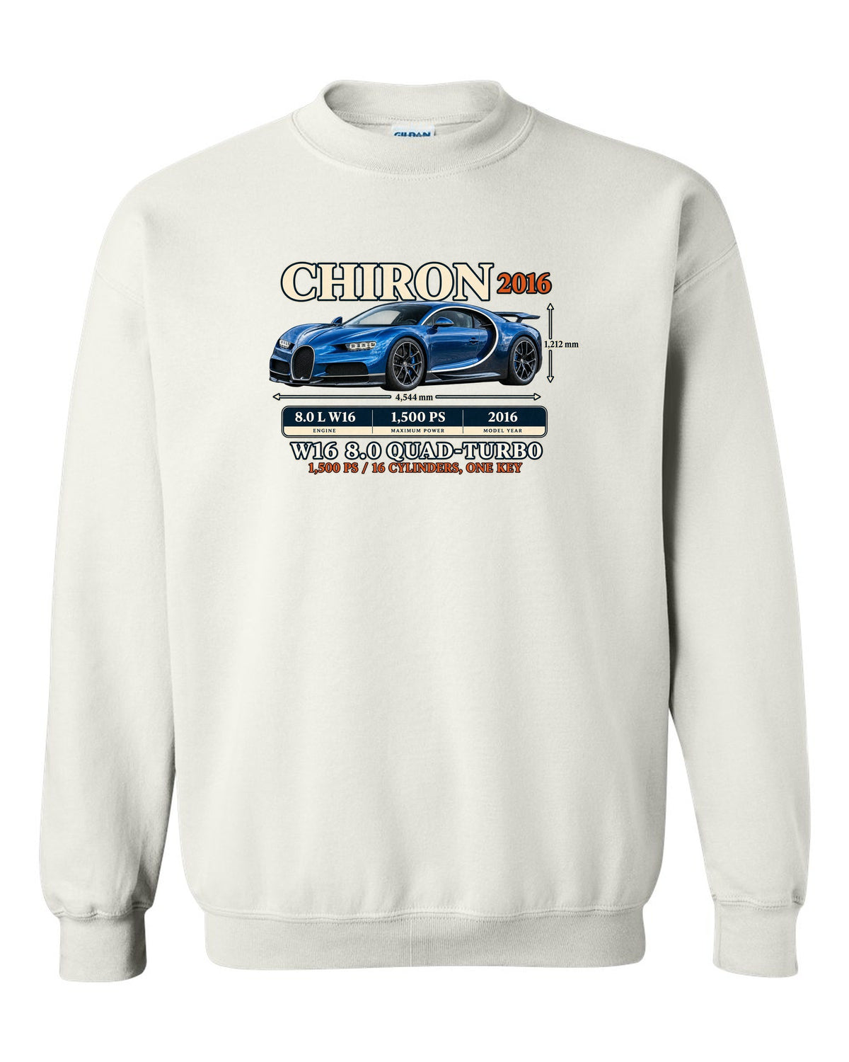 Archive panel print of a steel blue Bugatti Chiron with W16 spec text white crewneck front view with the design
