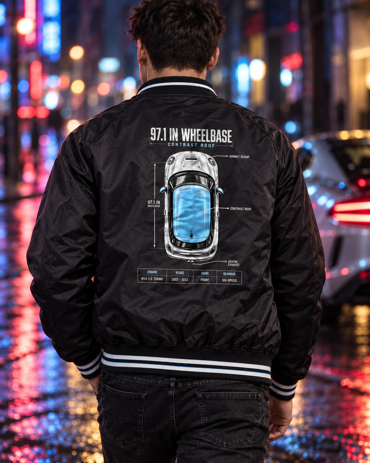 Mini Cooper S R56 Top-Down Spec Poster Tee, Contrast Roof Bomber Jacket Black worn hero