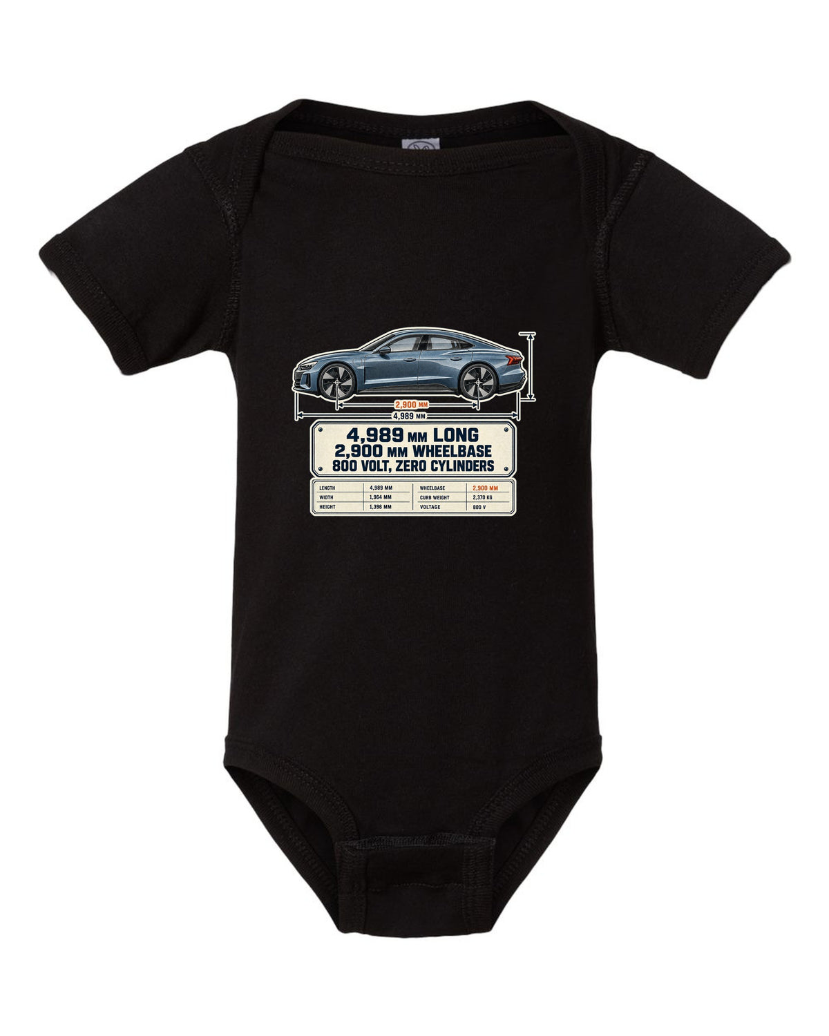 Audi RS e-tron GT J1 dimension blueprint print design black baby onesie front view with the design