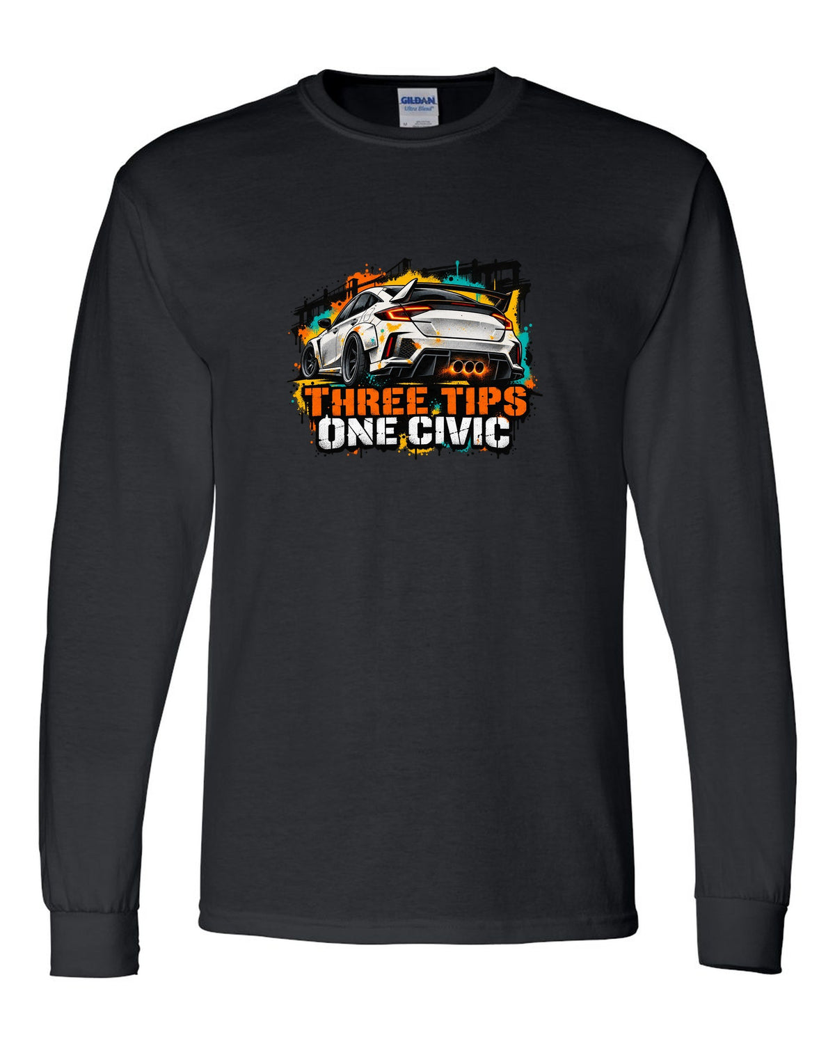 Stencil spray street art print of a 2023 Honda Civic FL5 ch with three tips one Civic text black long sleeve front view with the design