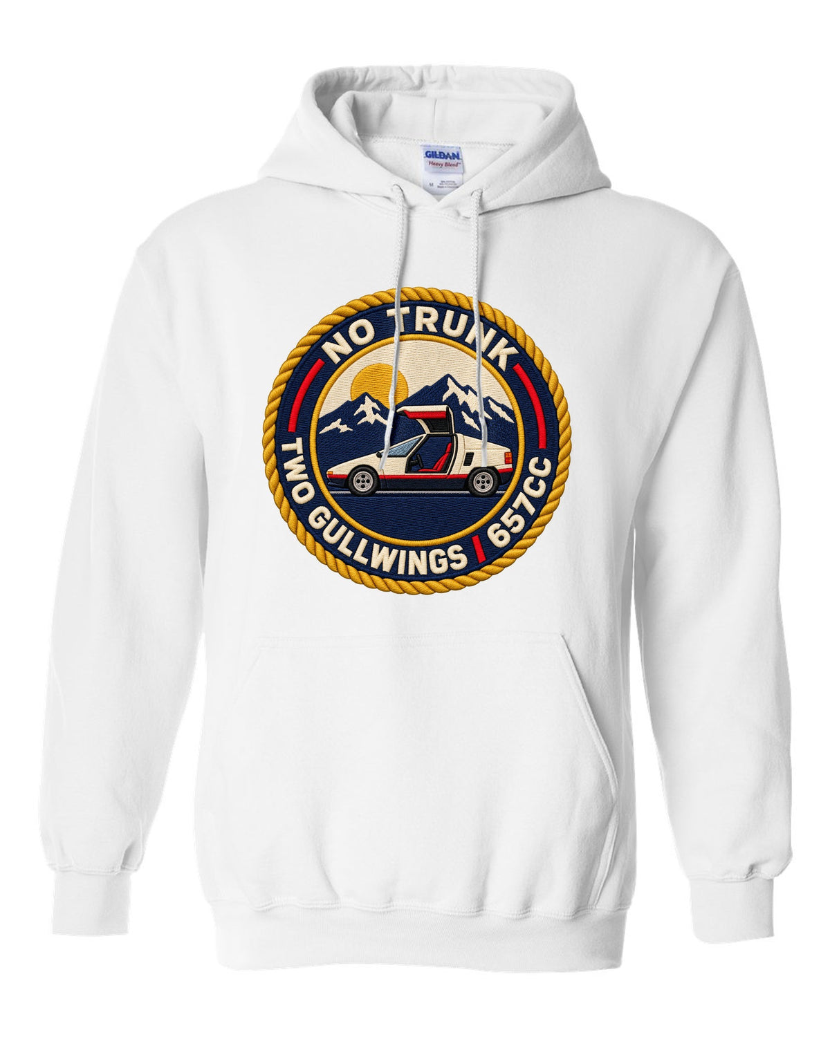 Embroidery-style varsity crest print for the Autozam AZ-1 PG6SA with no trunk two gullwings 657cc lettering white pull over hoodie front view with the design