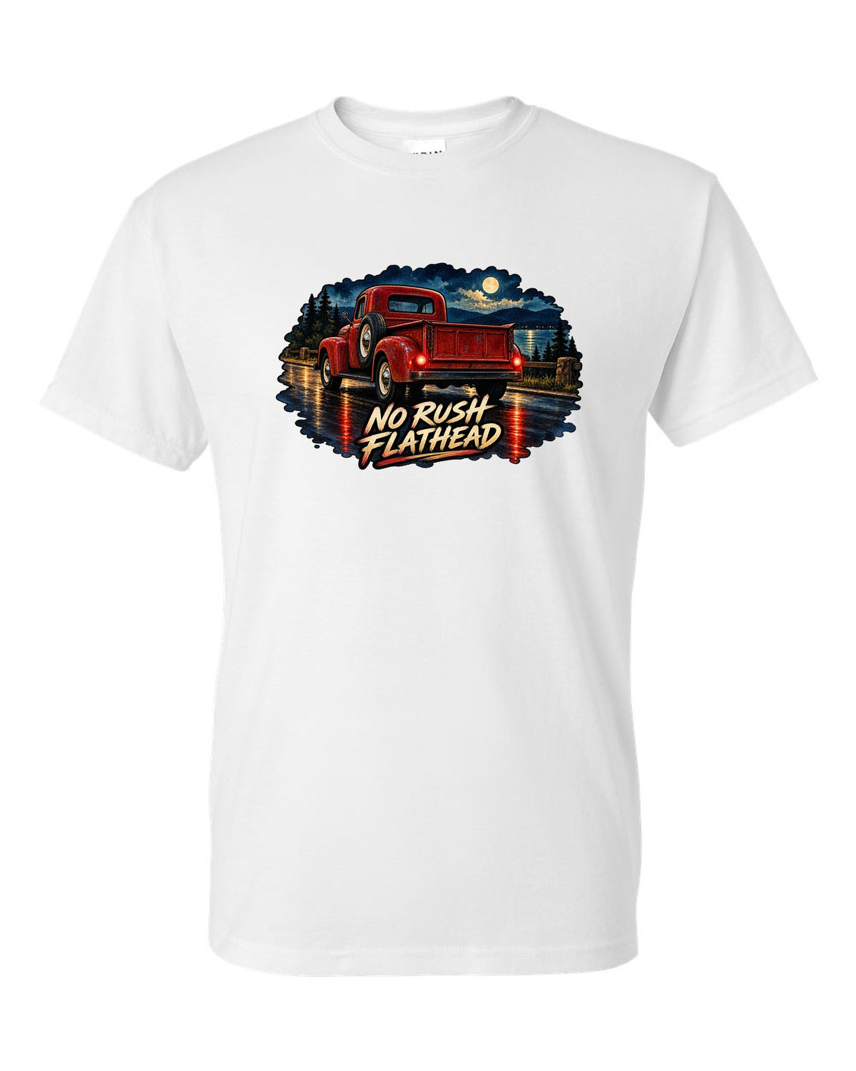Watercolour wet-road night print of a red Dodge Power Wagon WM300 flat fender white t-shirt front view with the design
