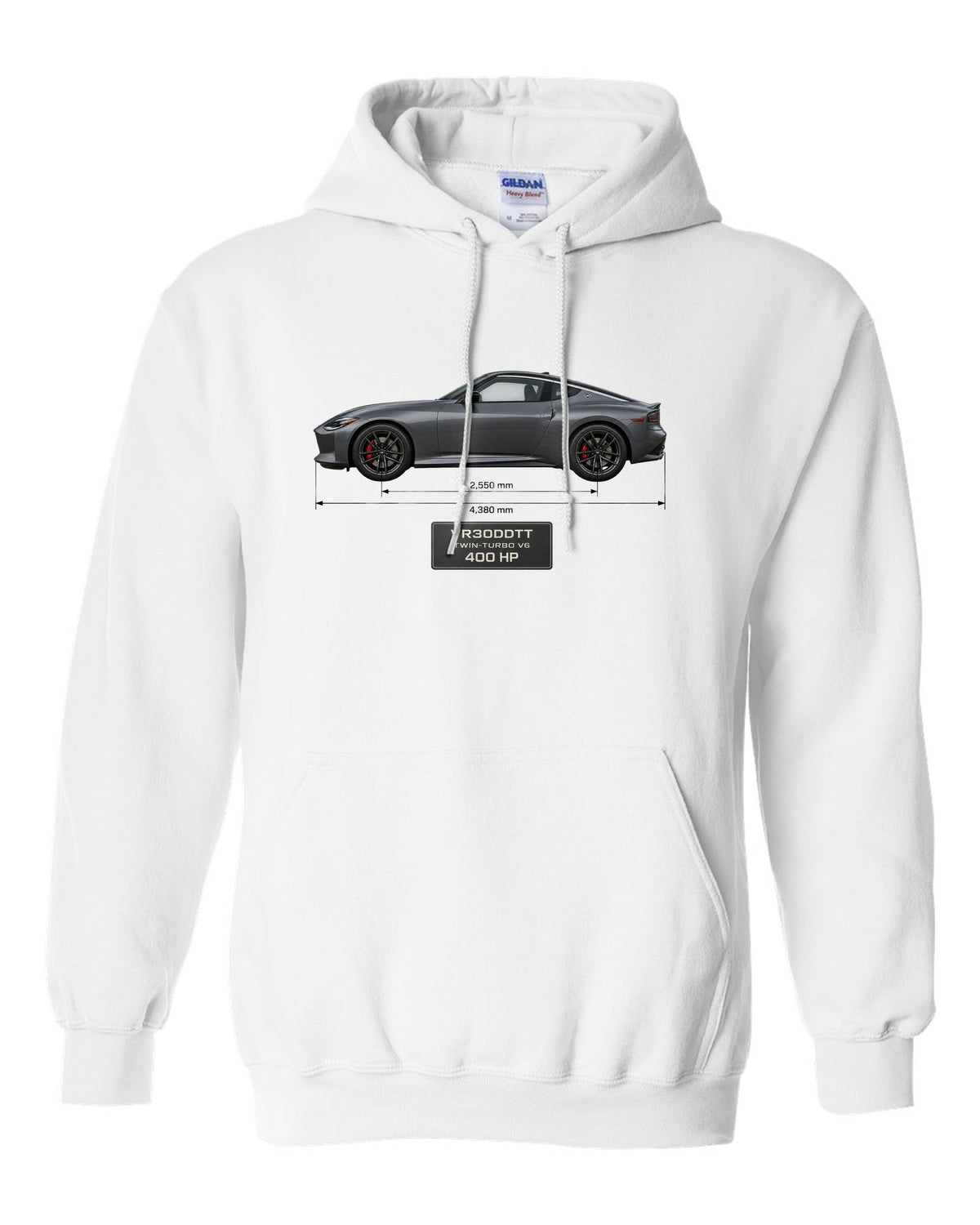2024 Nissan Z NISMO dossier panels showing 420 hp and 384 lb-ft white pull over hoodie front view with the design