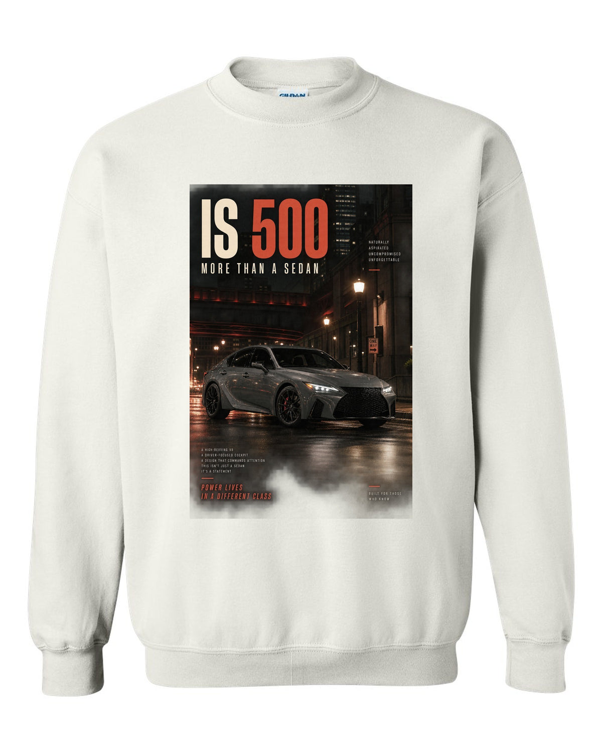 Halftone print of the Lexus IS 500 with 5.0 V8 text white crewneck front view with the design