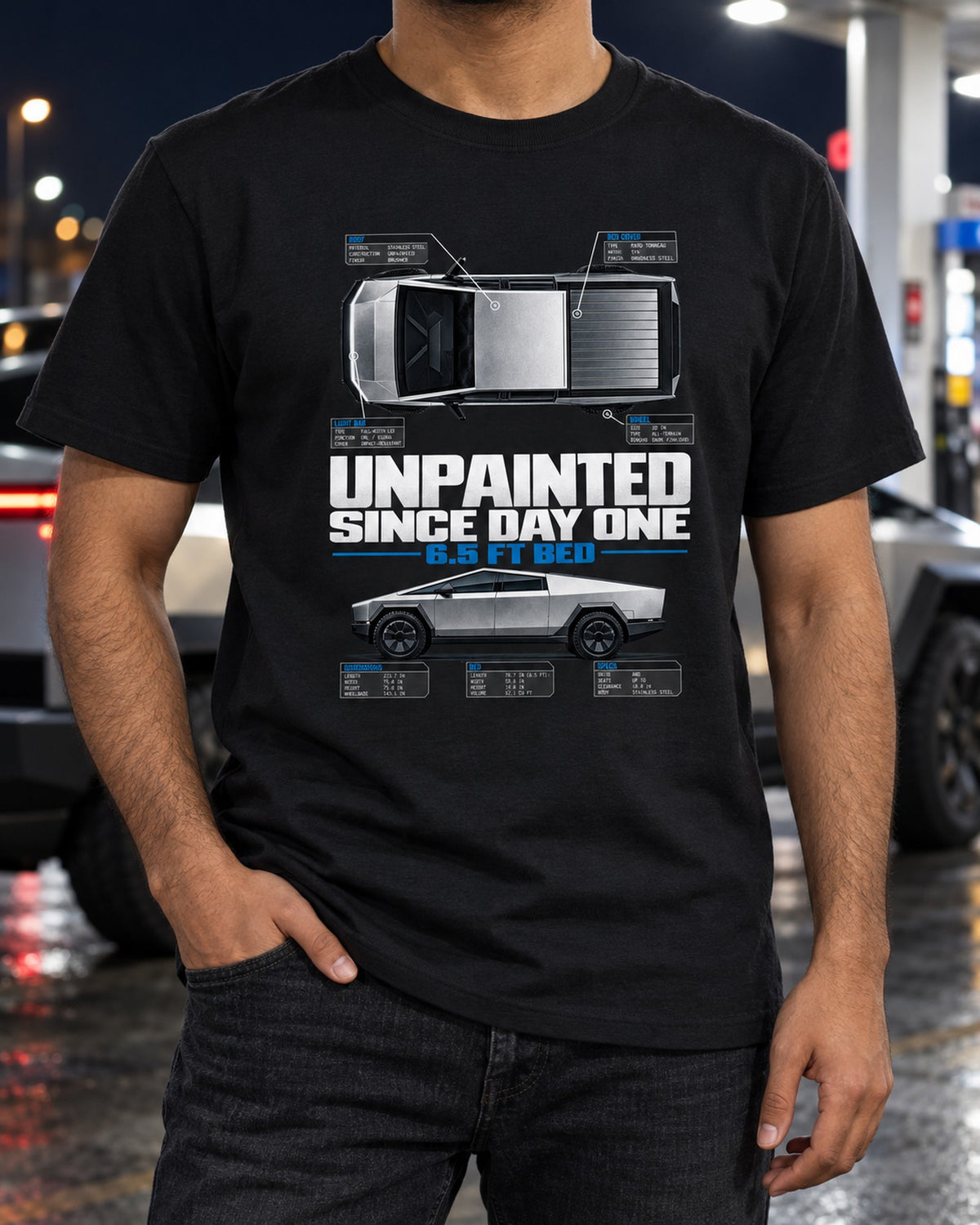 Cybertruck Unpainted Top-Down Spec Poster Shirt, Truck Gift T-Shirt Black worn hero