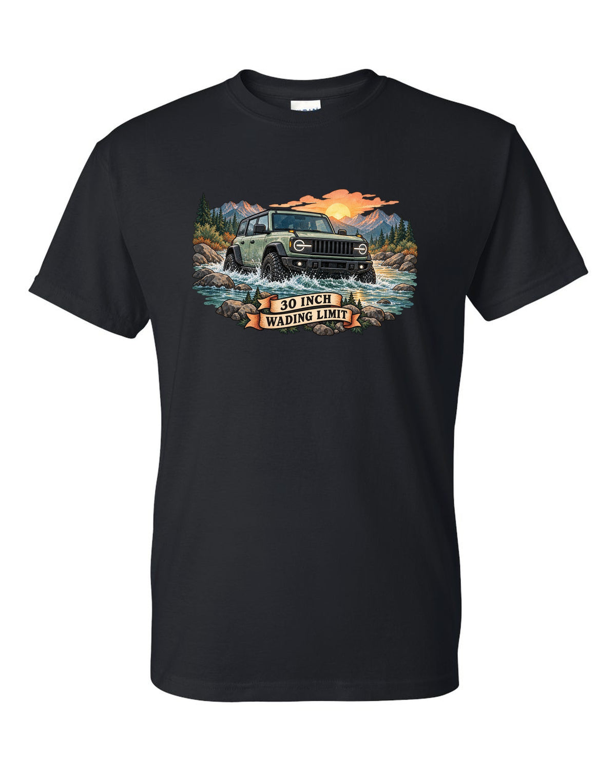 Jeep Wrangler JLU watercolour river crossing at sunrise with 30 inch wading limit text black t-shirt front view with the design