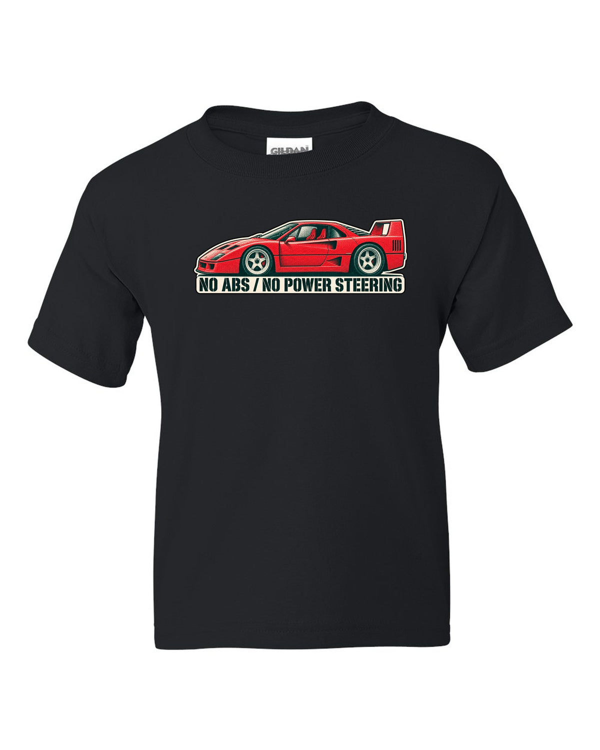 Two-colour halftone risograph print of a 1987 Ferrari F40 F120 with no ABS and no power steering text black kids tee front view with the design