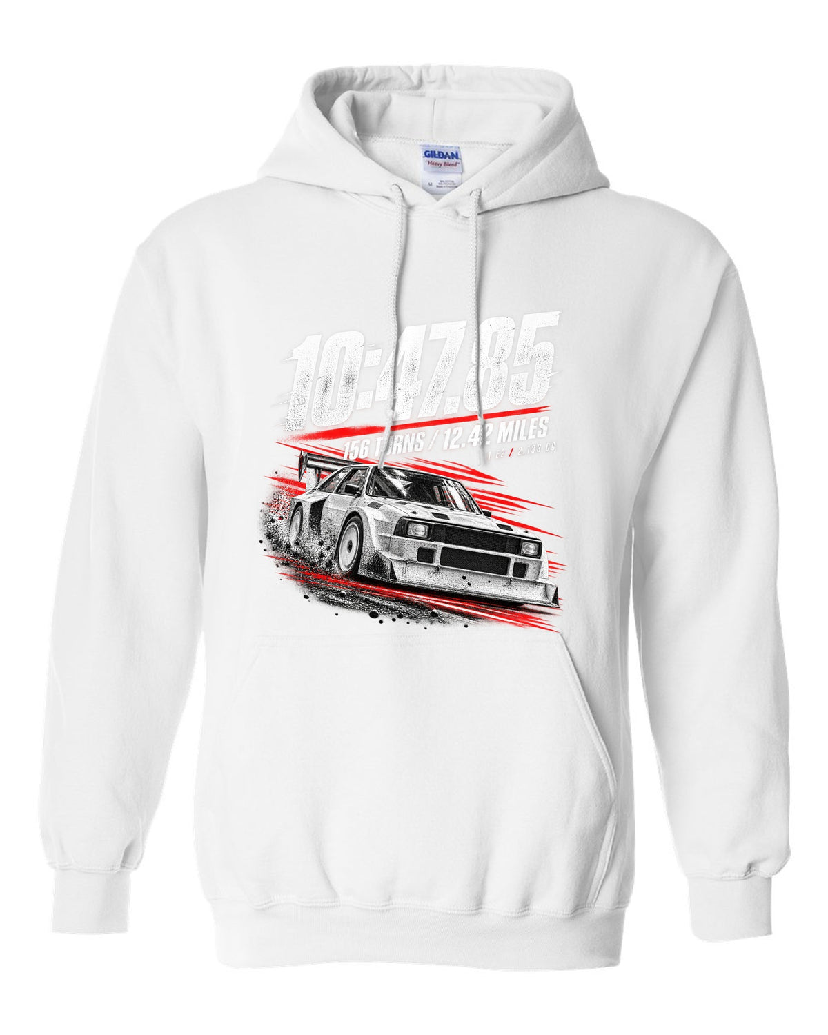 Race poster print of an Audi Sport Quattro S1 E2 with hill climb numbers white pull over hoodie front view with the design