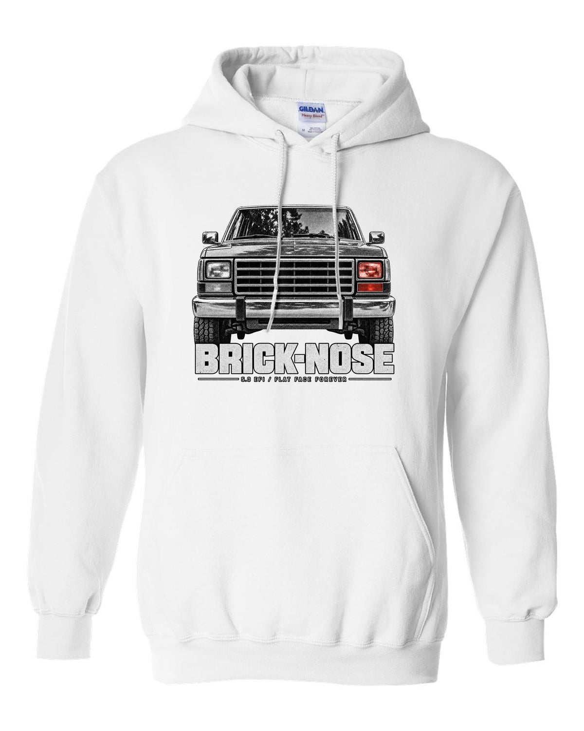 Ford Bronco Brick-Nose 1987-91 taillight macro print with 5.0 EFI text white pull over hoodie front view with the design