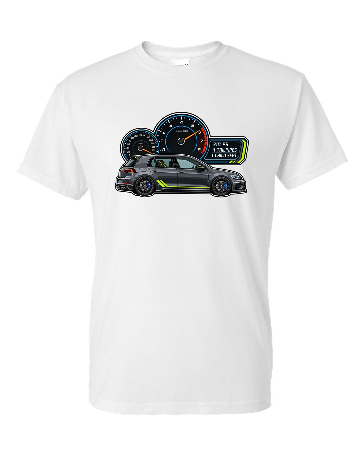 Gauge cluster style print for a VW Golf R Mk7.5 showing 310 PS 4 tailpipes 1 child seat white t-shirt front view with the design