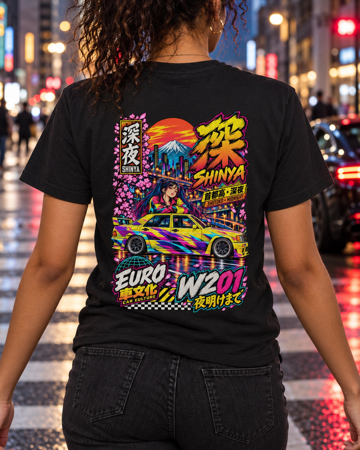 SHINYA W201 Anime Girl Full-Back Graphic Tee T-Shirt Black worn hero