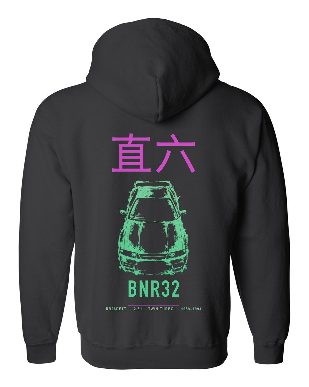 BNR32 full-back artwork black zip hoodie back view with the design