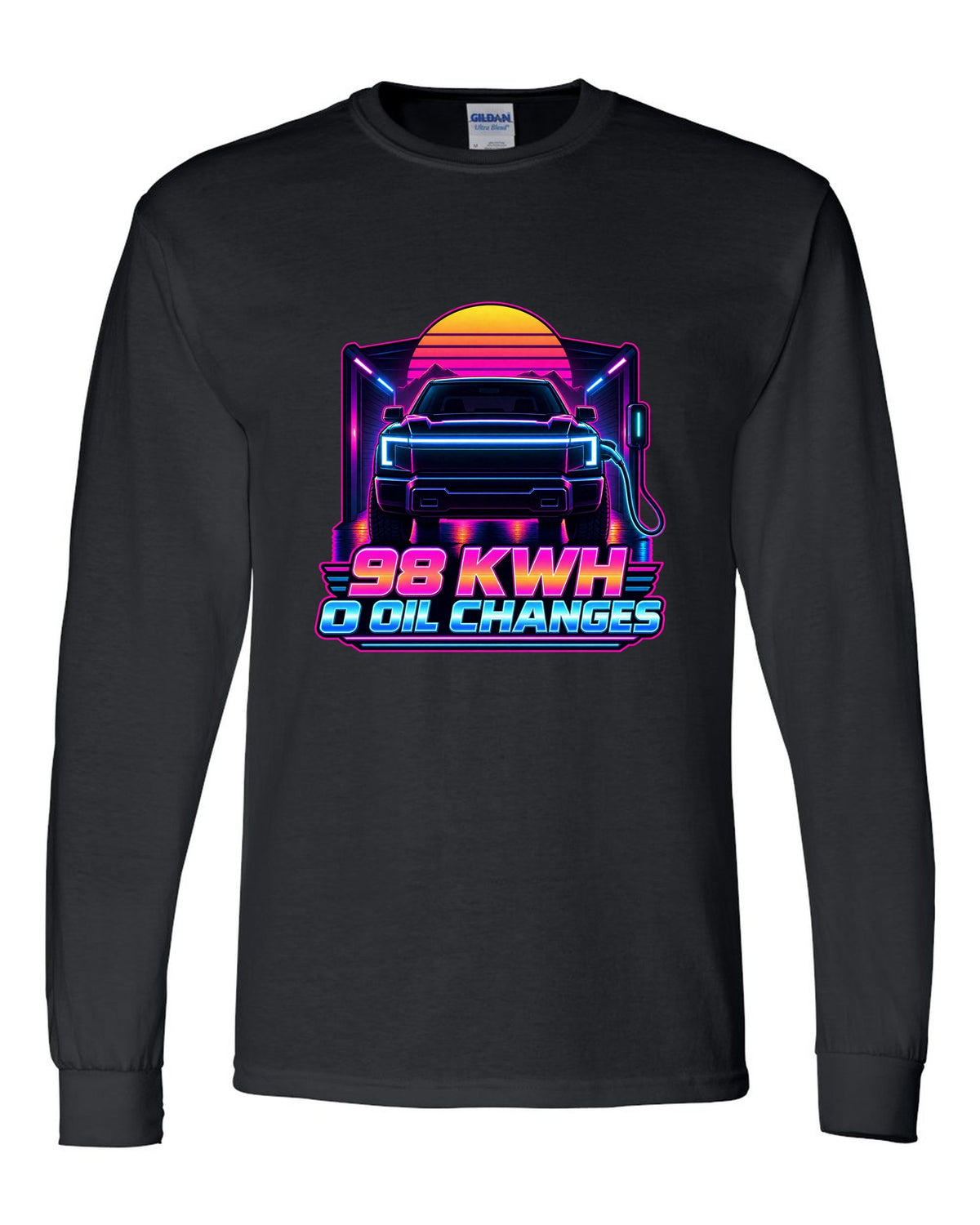 Ford F-150 Lightning EV with lightbar in a neon synthwave outline print black long sleeve front view with the design