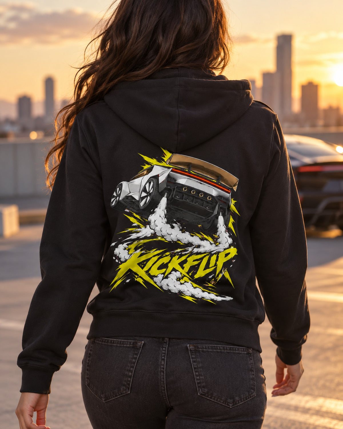 Tesla Roadster Kickflip Shirt, Hoodie & More Zip Hoodie Black worn hero