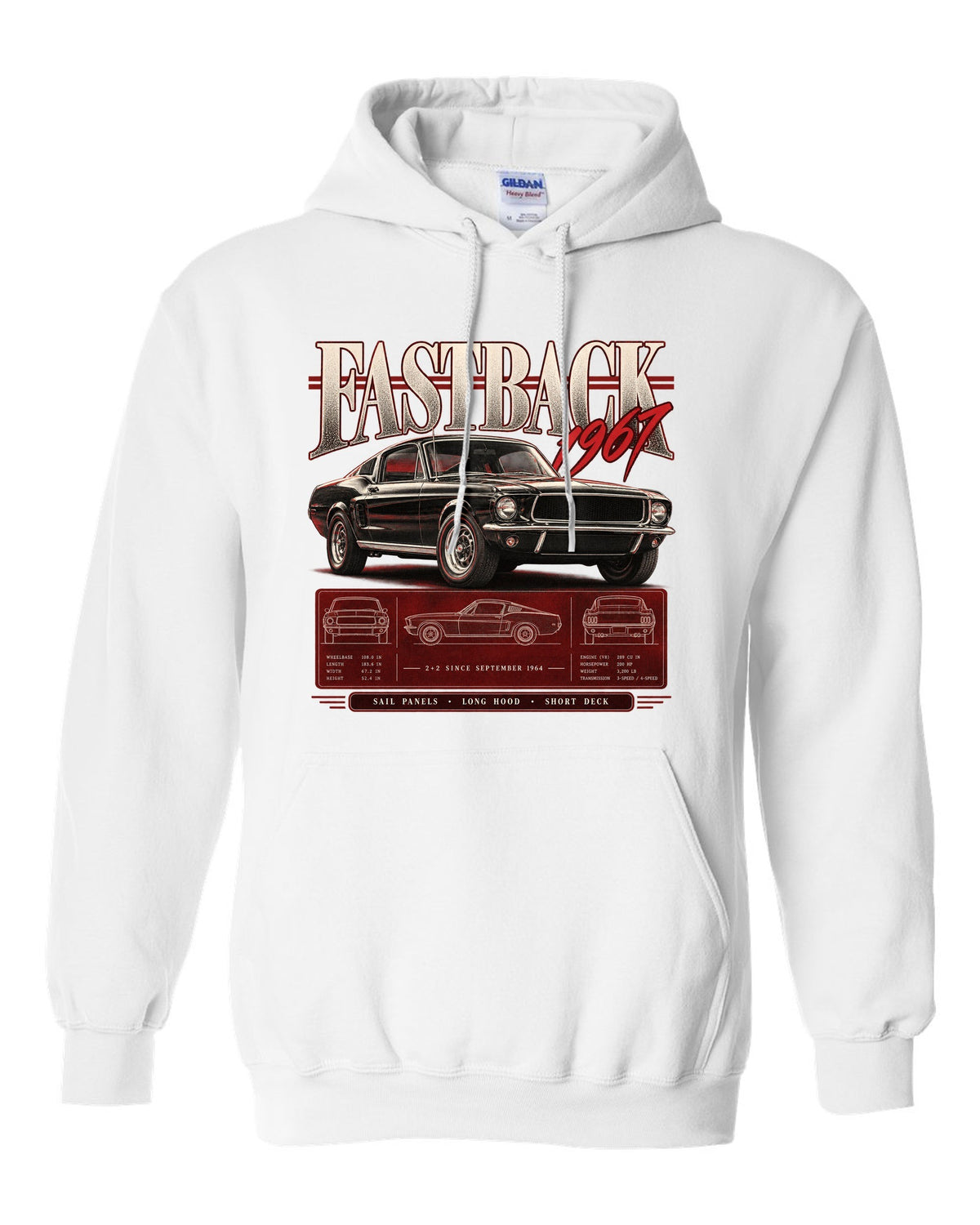 Archive panel illustration of a 1967 Ford Mustang fastback 2+2 with sail panel callouts white pull over hoodie front view with the design