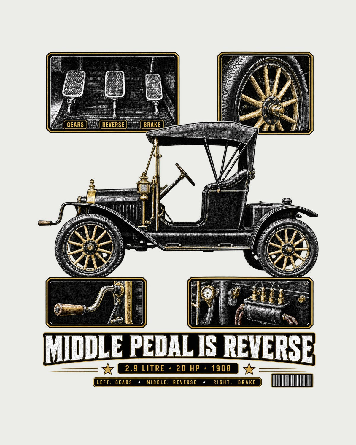 Ford Model T Pedal Layout Dossier Tee, Middle Pedal Is Reverse design only