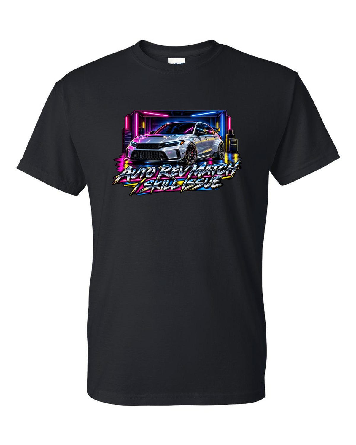 80s airbrush poster style print of a 2023 Honda Civic FL5 ch with auto rev match text black t-shirt front view with the design