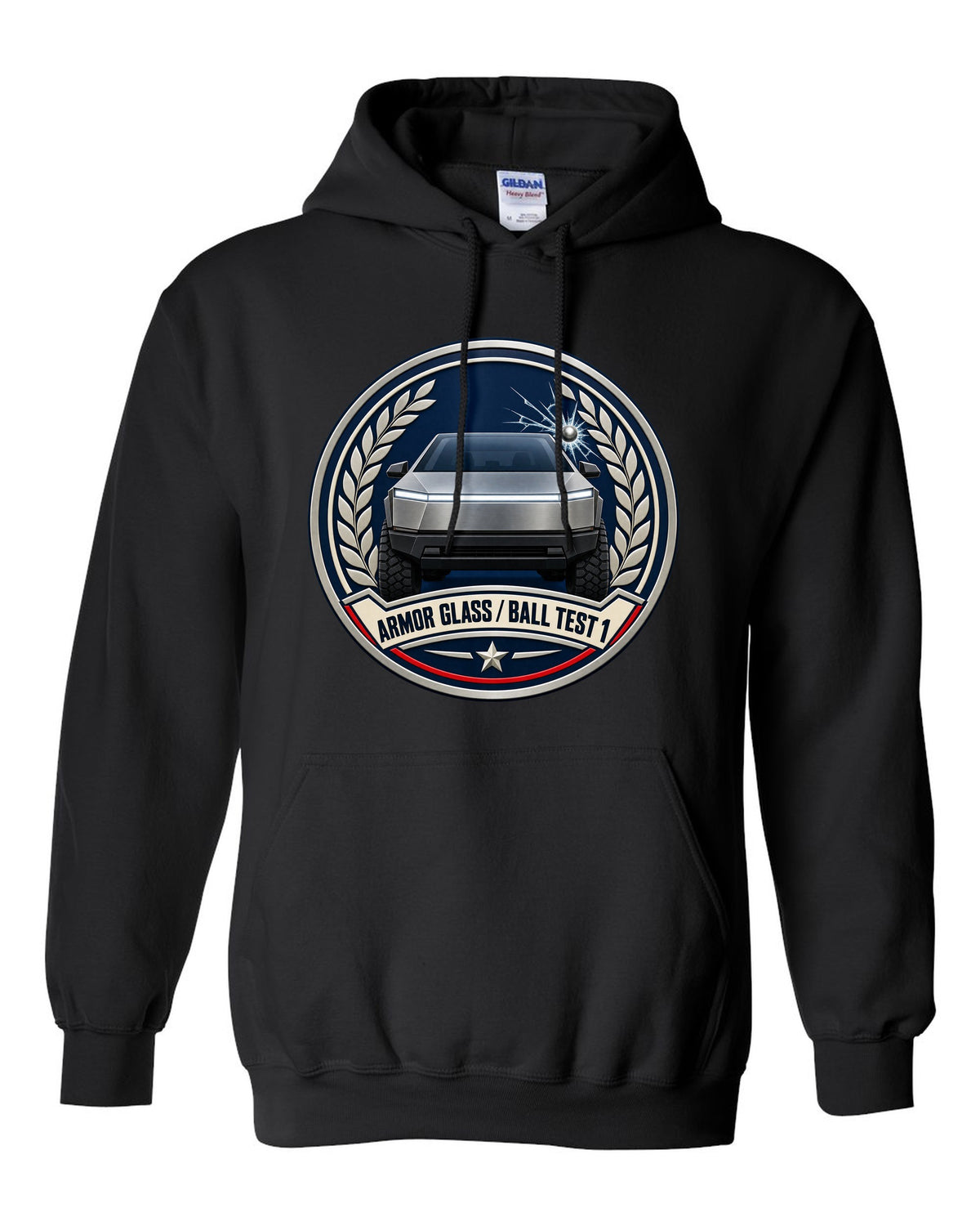 Round crest design of a 2023 Tesla Cybertruck with the words Armor Glass Ball Test 1 black pull over hoodie front view with the design