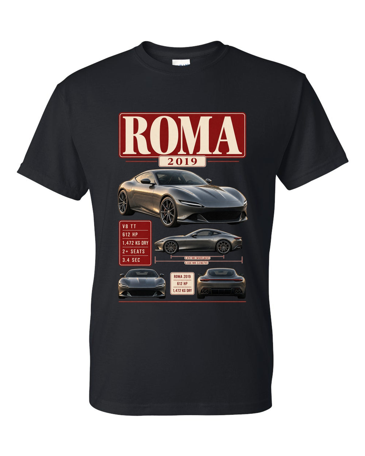 Archive panel print of the Ferrari Roma with 2019 spec text black t-shirt front view with the design