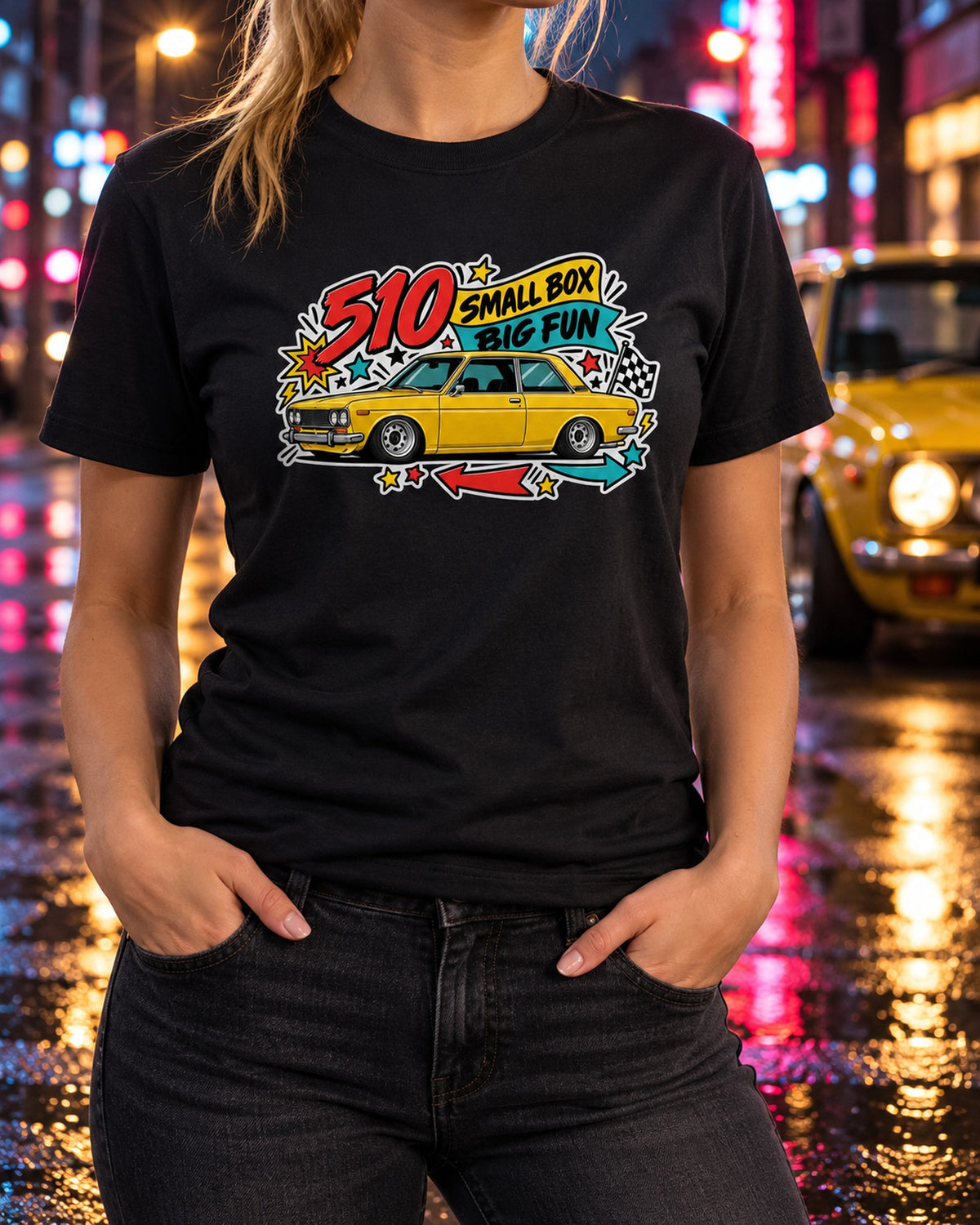 Datsun 510 Sticker Bomb Tee, Small Box Big Fun print T-Shirt Black worn hero