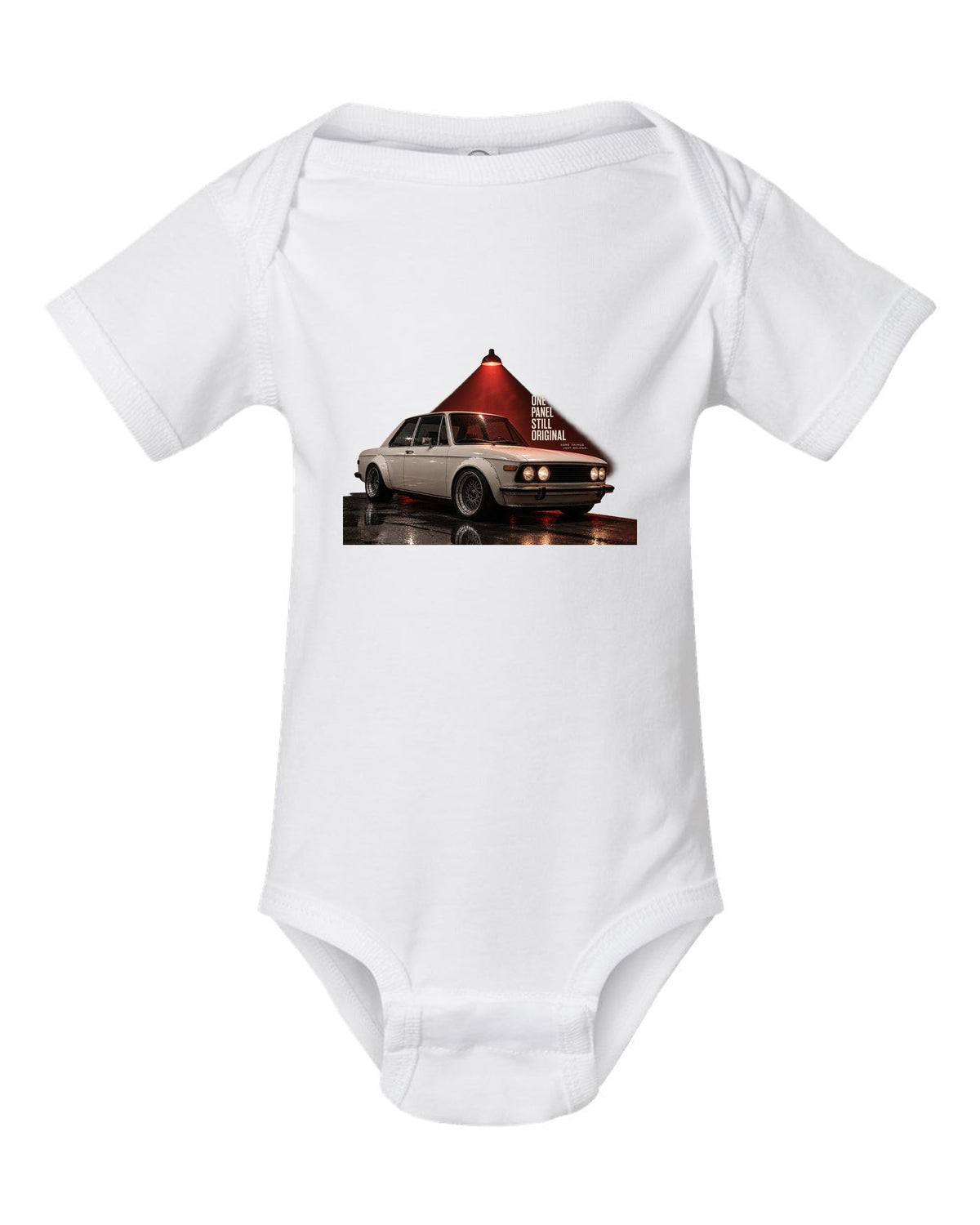 BMW E30 M3 garage night print with one panel still original text white baby onesie front view with the design