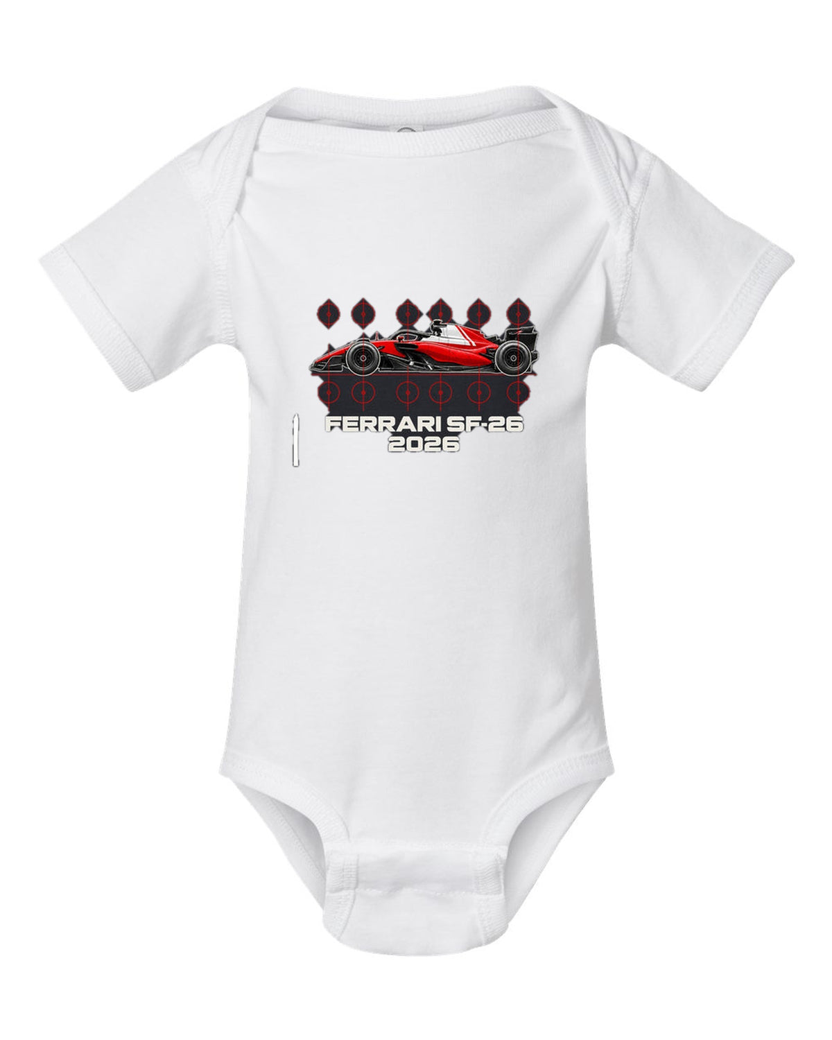 Ferrari SF-26 2026 F1 car technical poster artwork white baby onesie front view with the design
