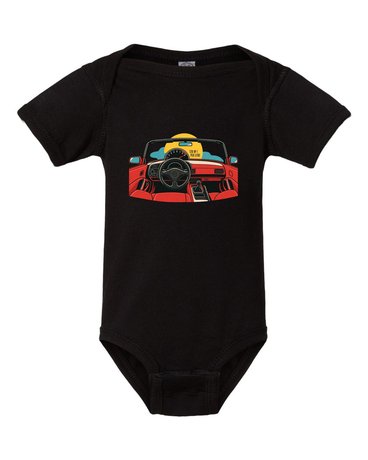 Minimal single-line contour art of a Honda S2000 AP1 with 120 HP per litre text black baby onesie front view with the design