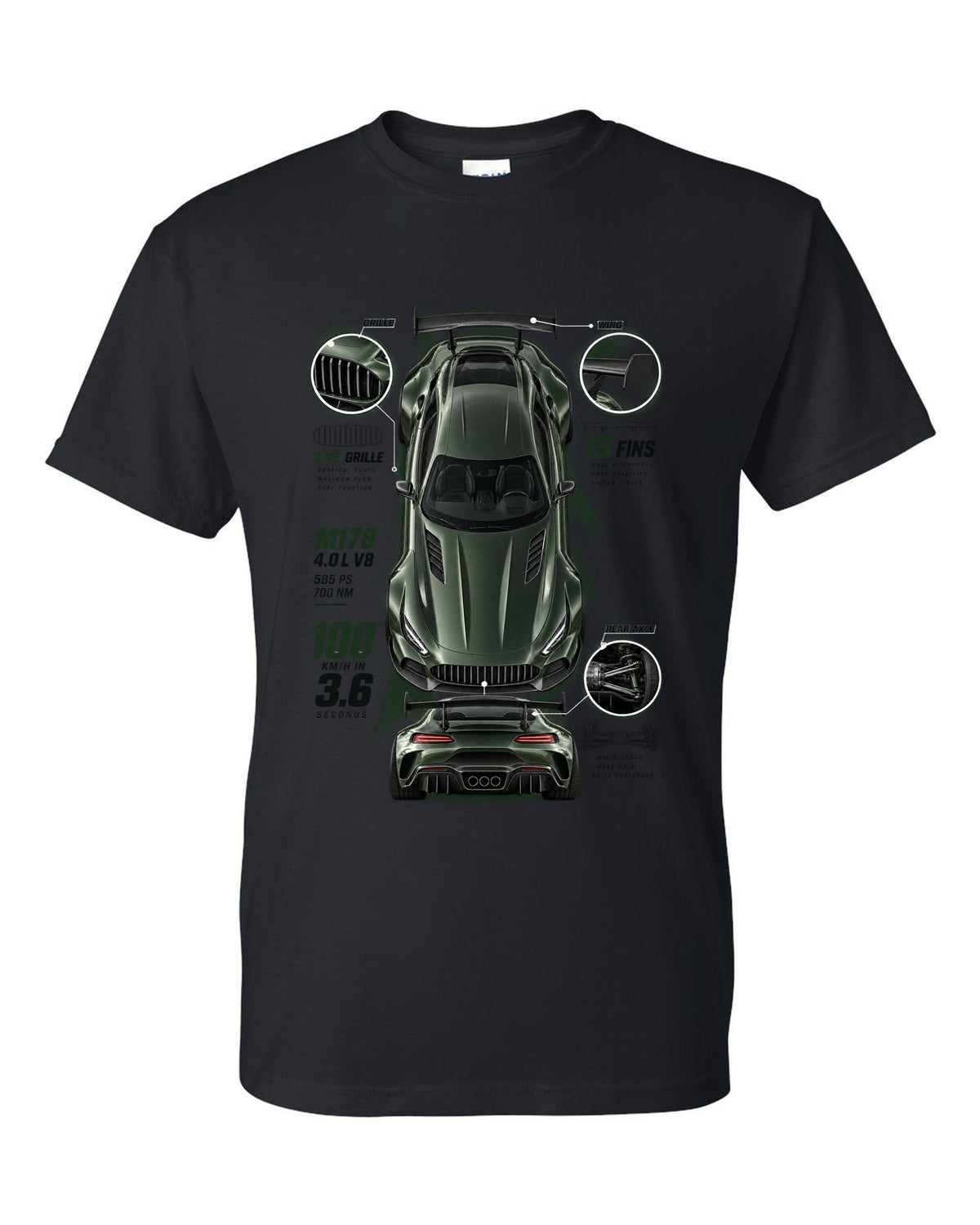 Spec poster print of a Mercedes-AMG GT R C190 with 100 km/h in 3.6 and 15 fins lettering black t-shirt front view with the design