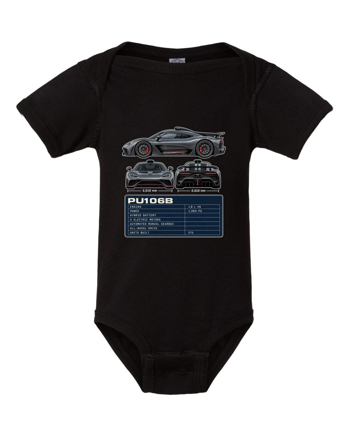 Mercedes-AMG One three-view drawing with PU106B spec table black baby onesie front view with the design
