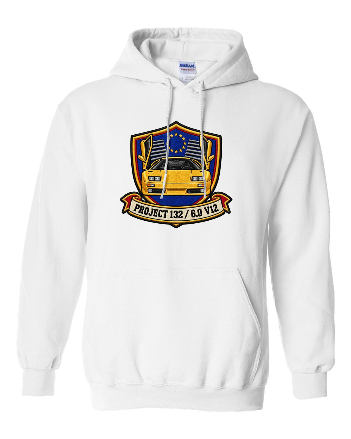 Varsity embroidery crest for a 2000 Lamborghini Diablo VT 6.0 reading Project 132 and 6.0 V12 white pull over hoodie front view with the design