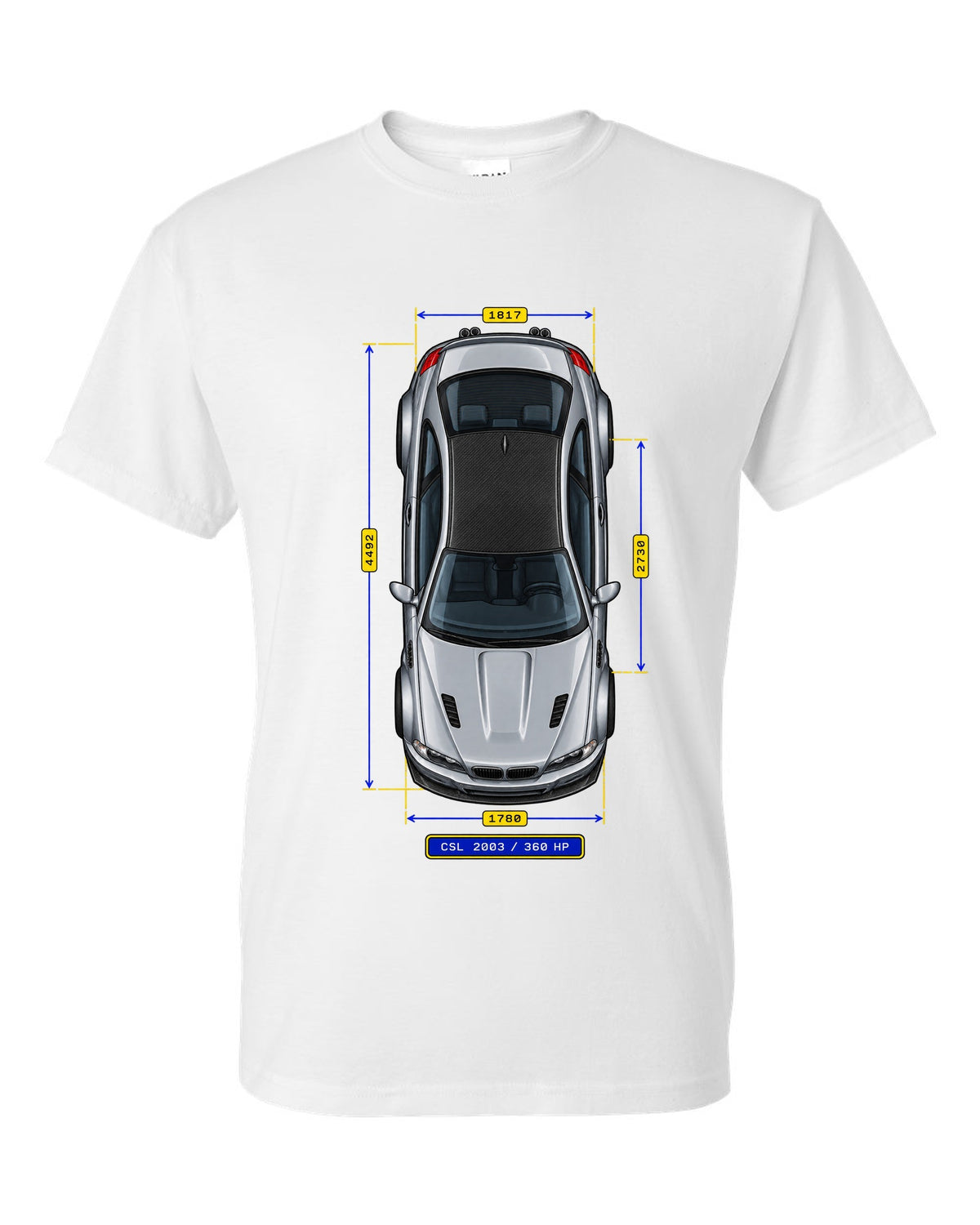 Spec-sheet data plate schematic of a BMW E46 M3 CSL 2003 with carbon roof and 360 HP white t-shirt front view with the design